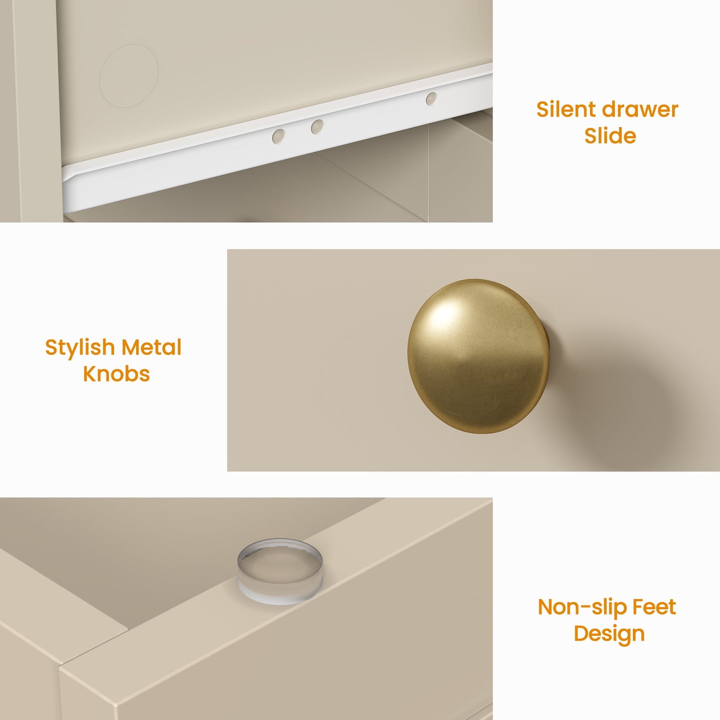 May in Color 3 Drawer Nightstand with Gold Knobs, Wood End Table, Beige