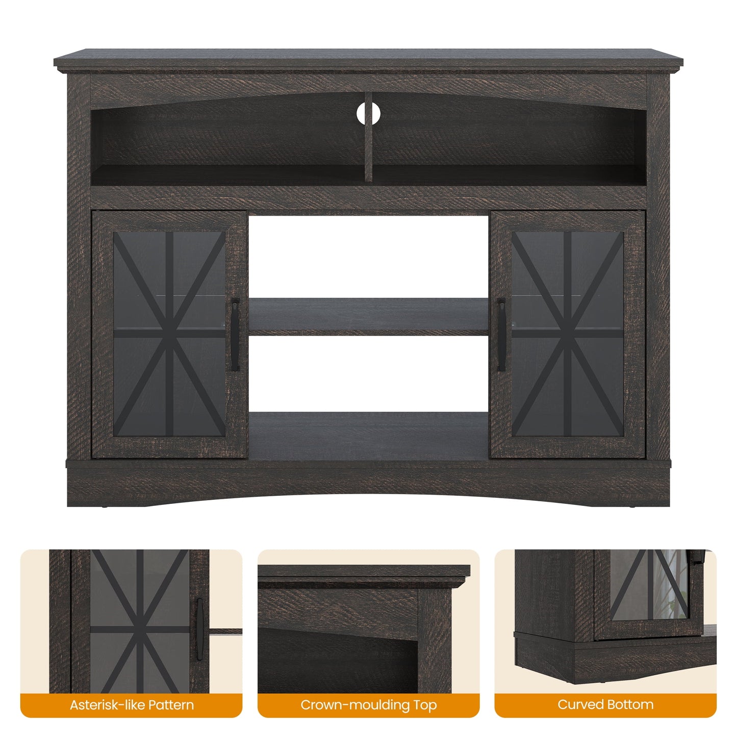May in Color 47'' Farmhouse TV Stand with Adjustable Shelves, Glass Doors & LED Lights