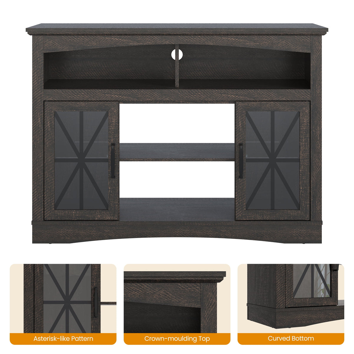 May in Color 47'' Farmhouse TV Stand with 18'' Fireplace Insert, TV Console with Adjustable Shelves, Glass Doors & LED Lights