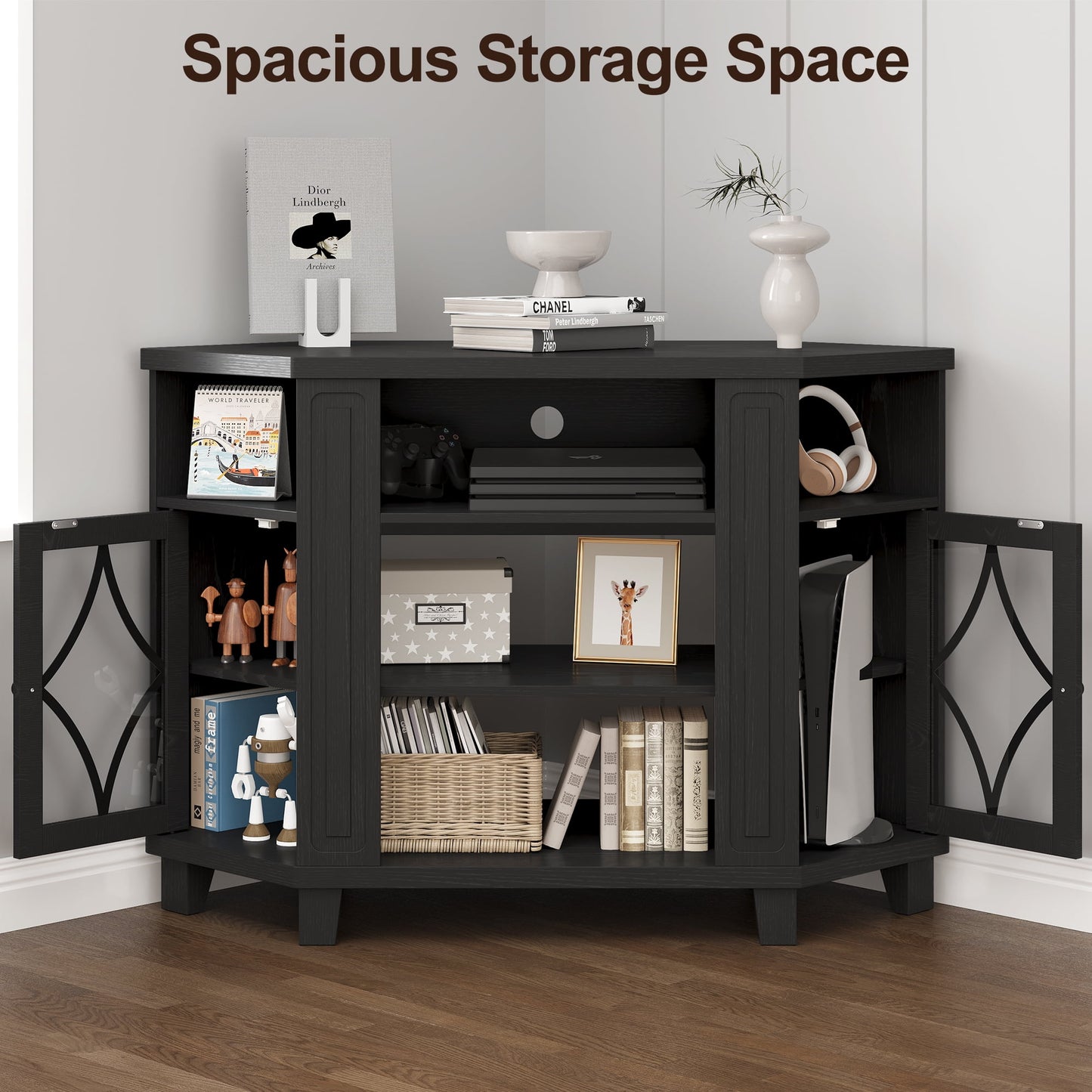 Heynemo Corner TV Stand with Adjustable Shelves and Acrylic Doors, TV Cabinet for Living Room, Bedroom