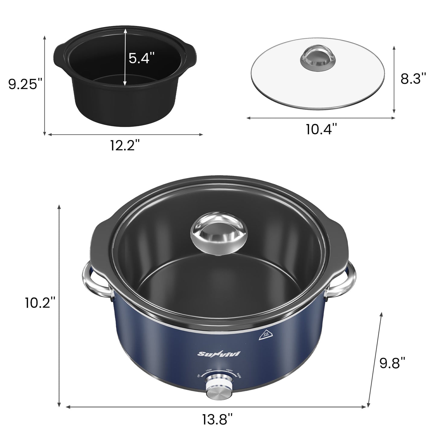 Heynemo 4QT Compact Slow Cooker & Food Warmer with 3 Temperature Settings, Removable Ceramic Pot, Dishwasher-Safe Glass Lid, Stainless Steel - Blue