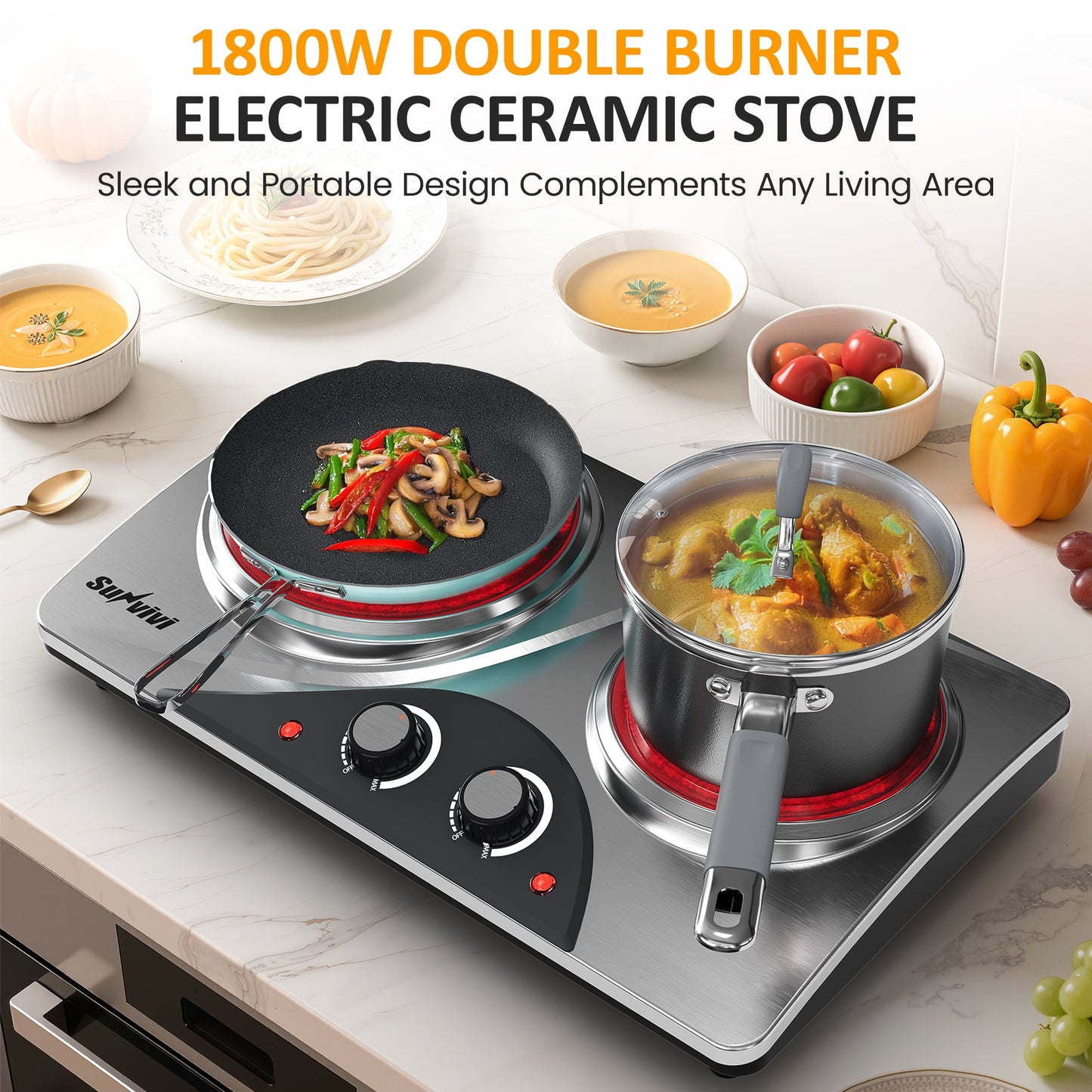 Sunvivi Dual 1800W Burner Electric Ceramic Stove - Knob Control, Indicator Light - Silver