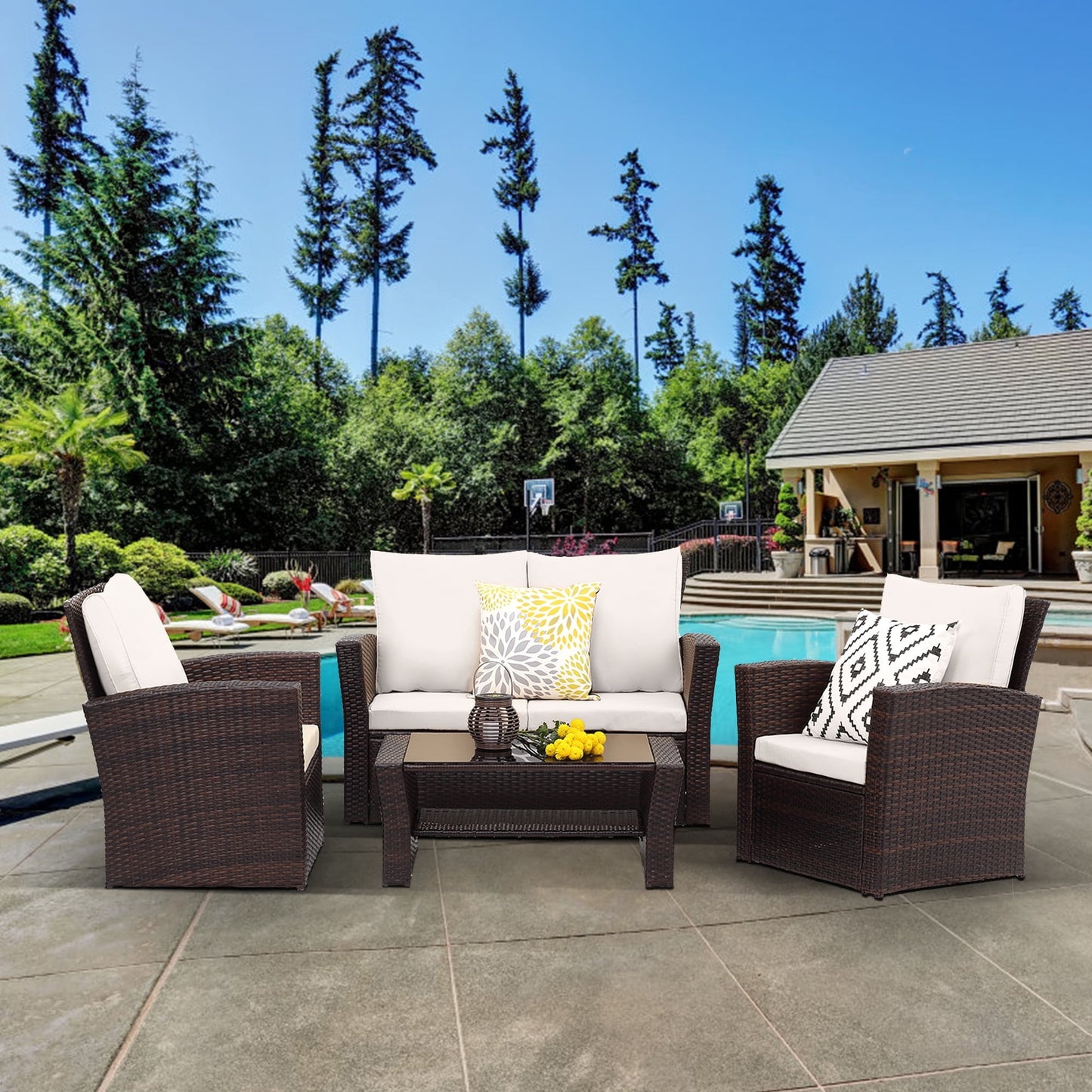 All-Weather Outdoor Patio Furniture Set - 4-Piece Wicker Rattan Sectional Conversation Set with Table and Cushions, Gray