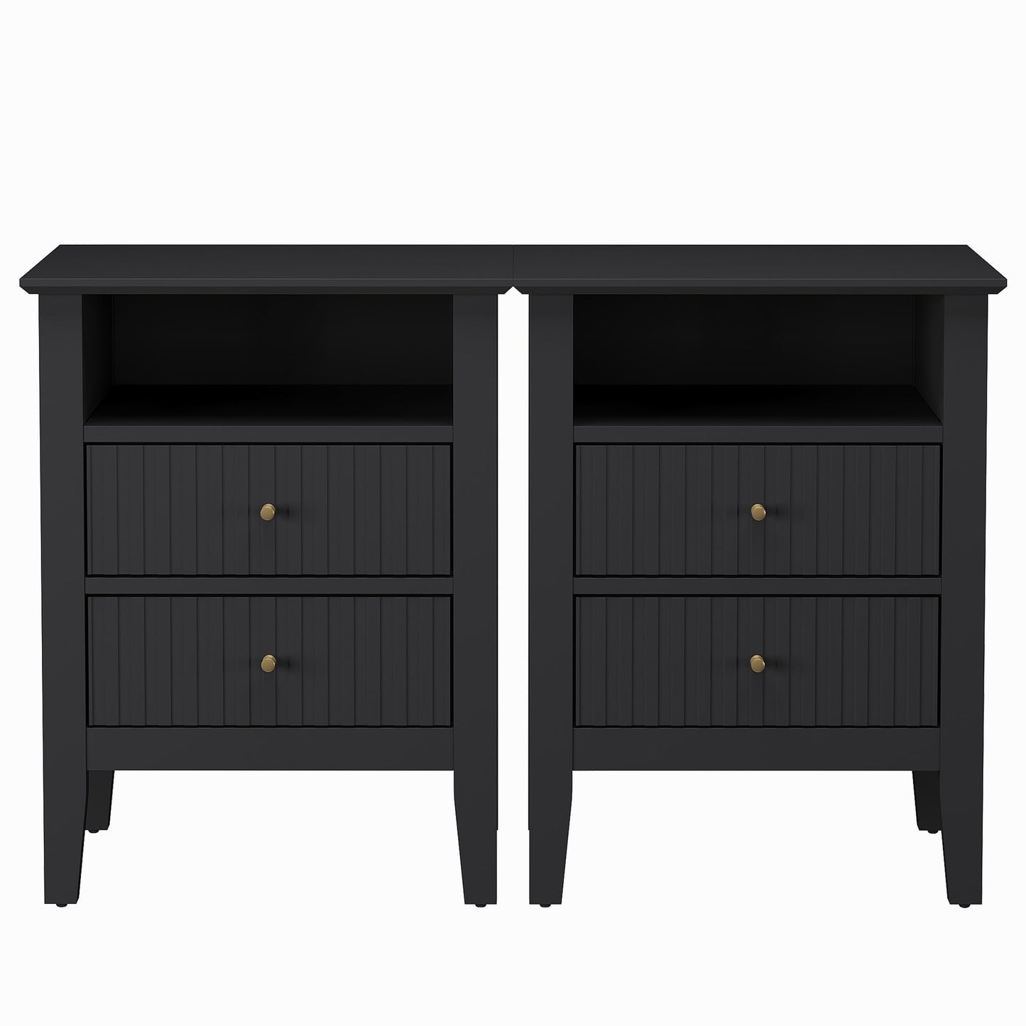 May in Color Fluted Nightstand with 2 Drawers and Storage Shelf, Set of 2, Ideal for Bedroom, Living Room, Black