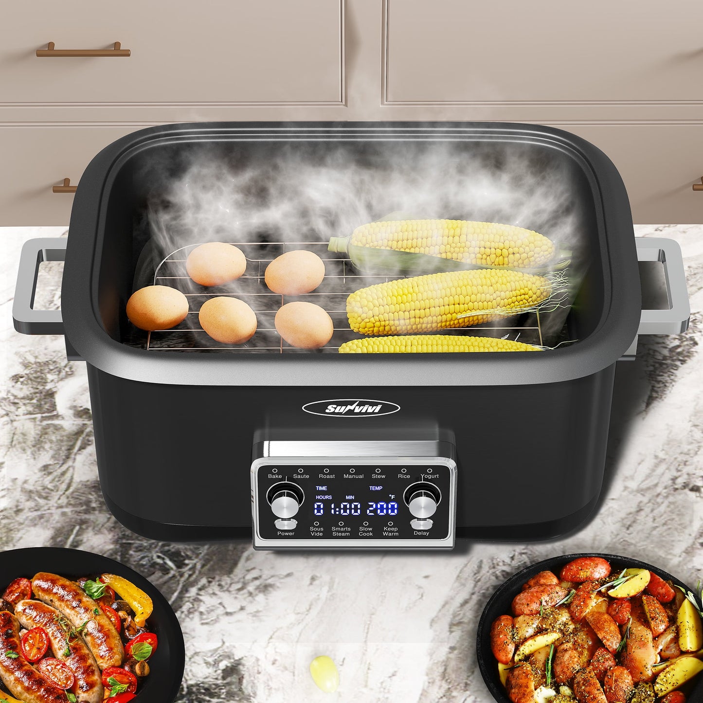 Heynemo 8QT 12-in-1 Programmable Slow Cooker, Multi-Cooker with Timer, Temperature Control, Removable Non-Stick Pot & Dishwasher-Safe Glass Lid, Black