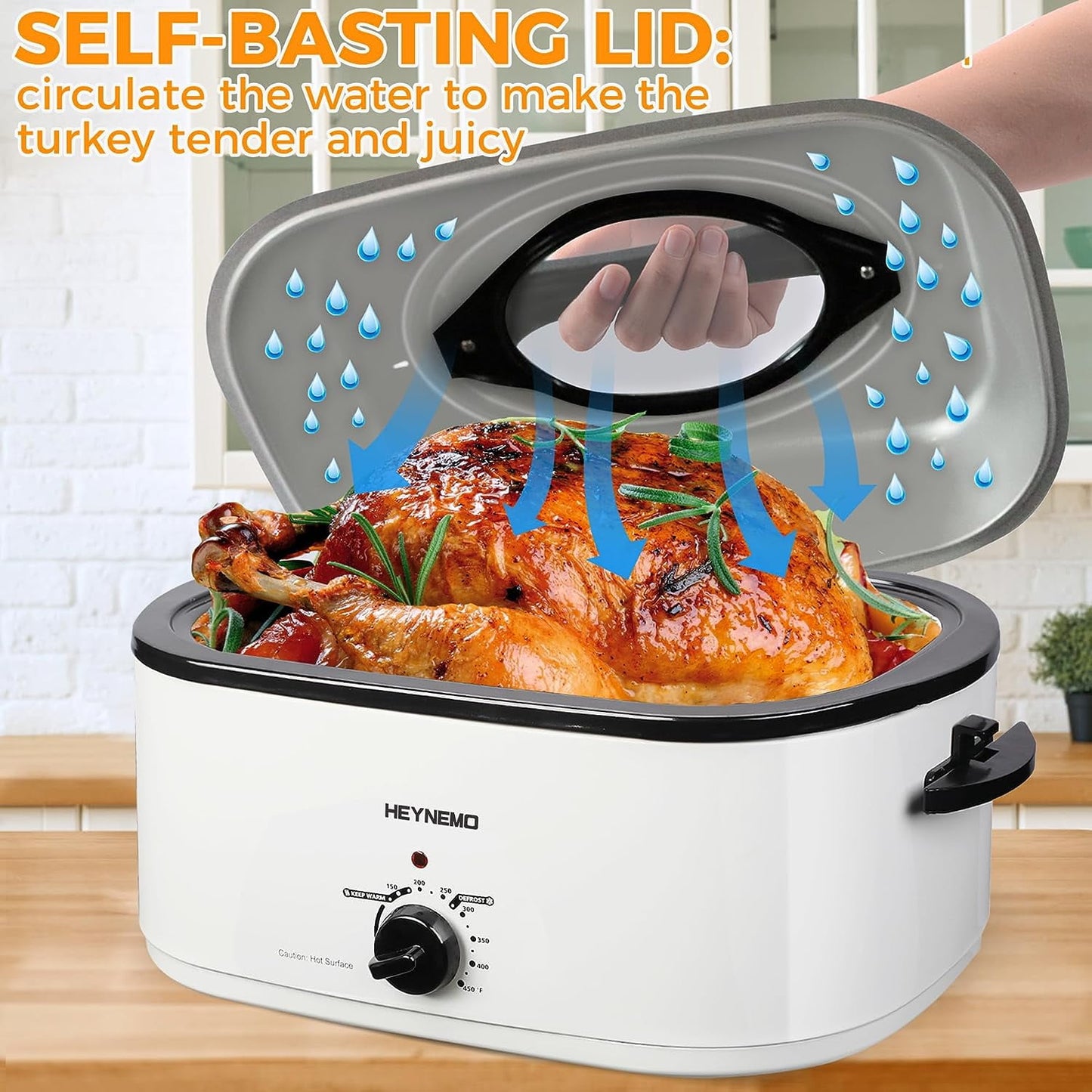 Superjoe 24QT Electric Stainless Steel Turkey Roaster Oven, Self-Basting Lid Removable Insert Pot , White