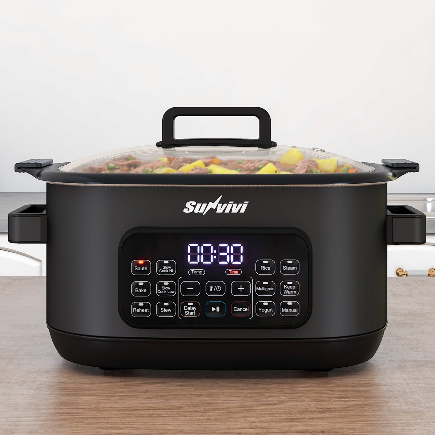 Heynemo 6.5QT Digital Multi Cooker, 12-in-1 Slow Cooker & Roaster with Timer, Temp Control, Delay Start, Nonstick Pot, Black