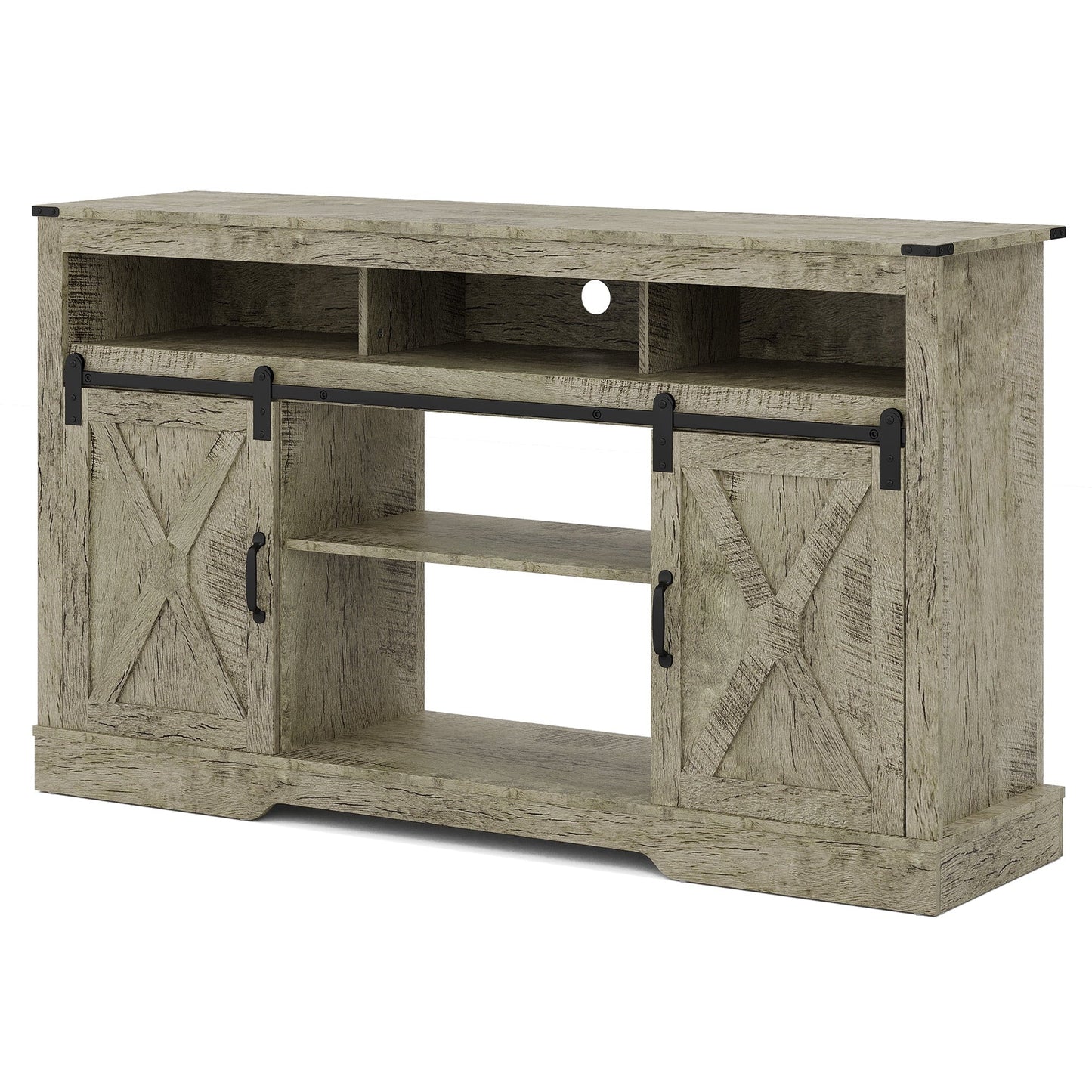 Mayincolor Farmhouse TV Stand for 65''+ Inch TV, 34'' Tall Entertainment Center, Rustic TV Console with Sliding Bar Door for Living Room (Light Grey)