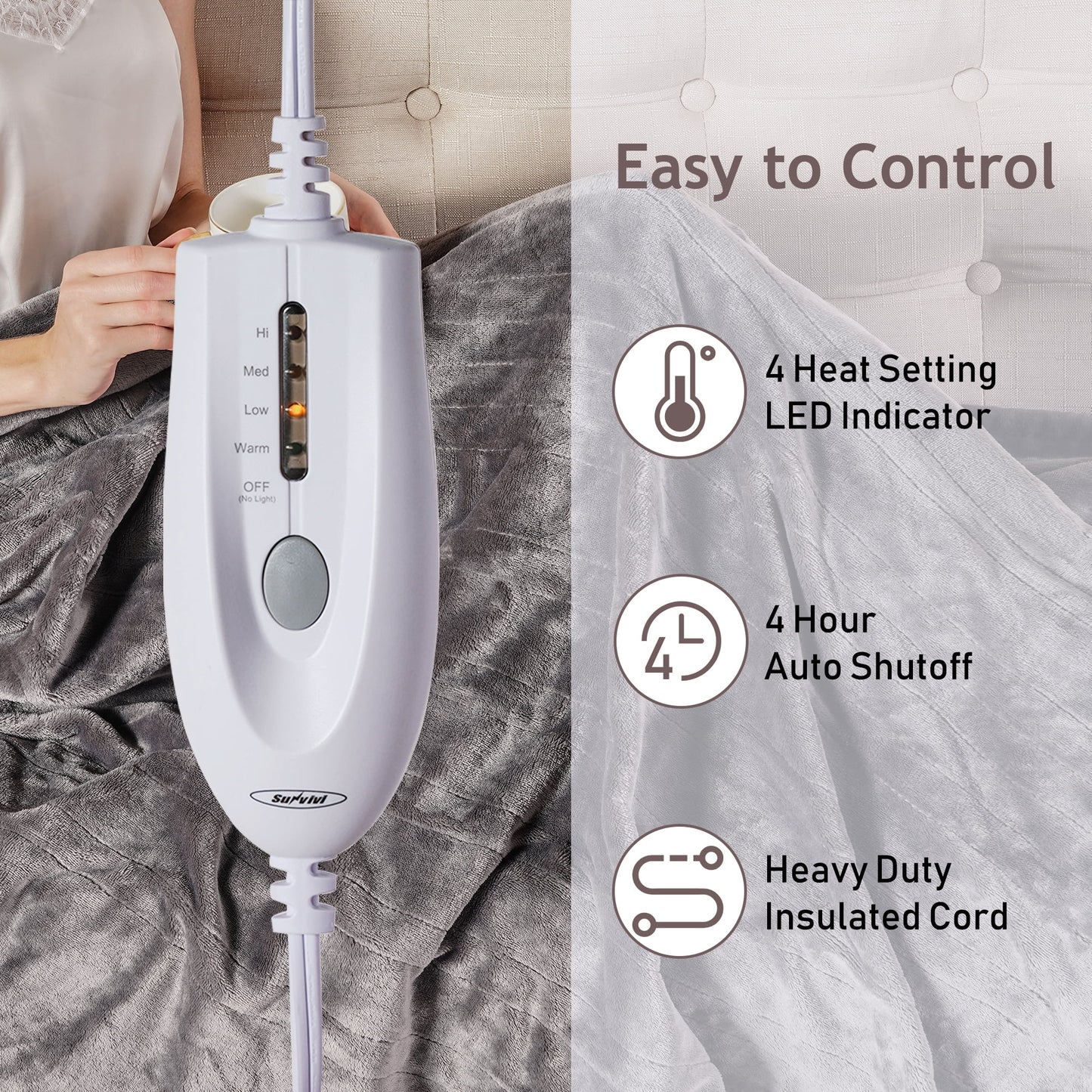 Heynemo Electric Heated Blanket, 60" x 50" Double-Layer Flannel, 4 Heat Settings and Auto-off, Holiday Gift for Family, Gray