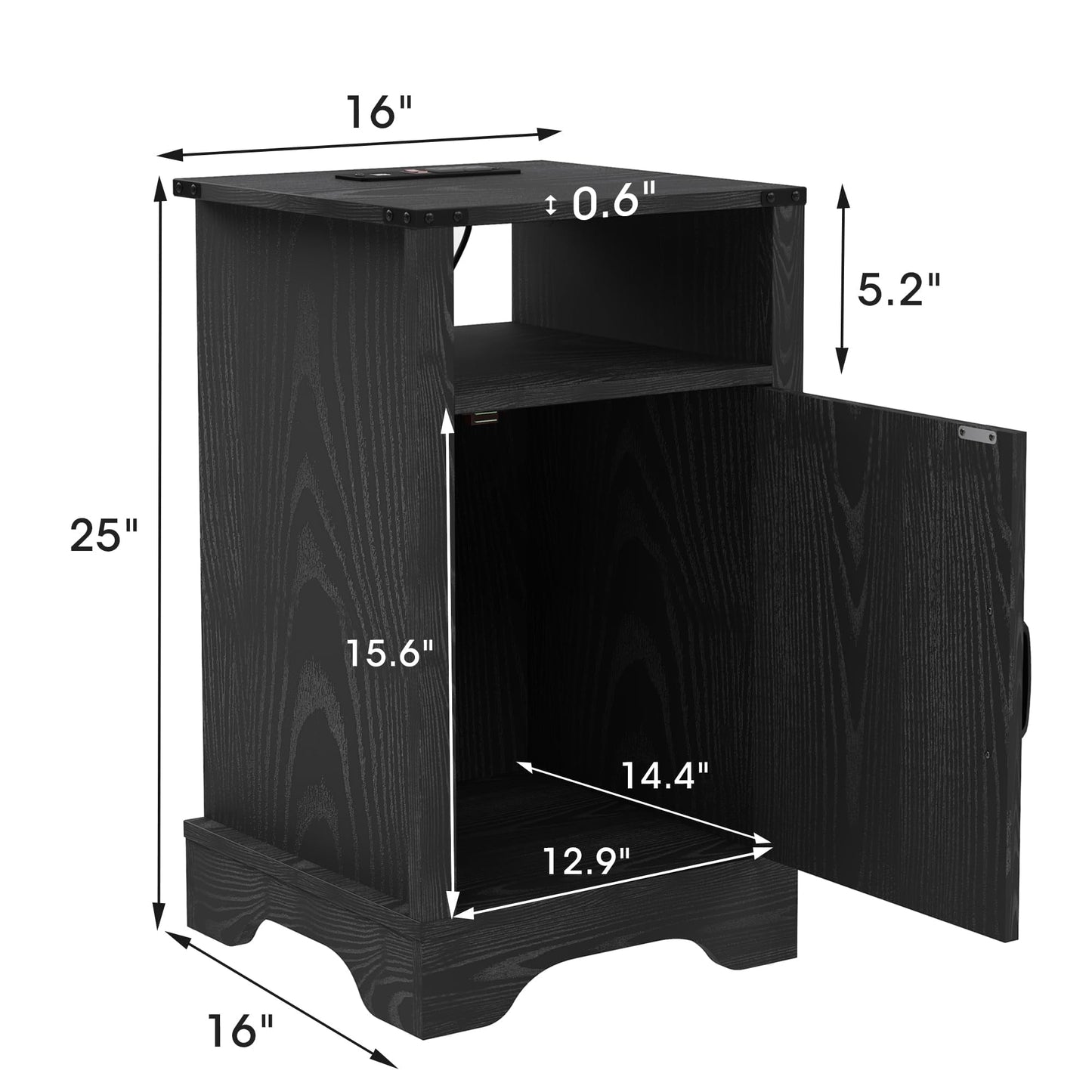 RoyalCraft Farmhouse Nightstand Set of 2 with Charging Station, Wooden End Table, Rustic Night Stand with Storage Cabinet and Shelf, Tall Bedside Table for Bedroom, Living Room, Black
