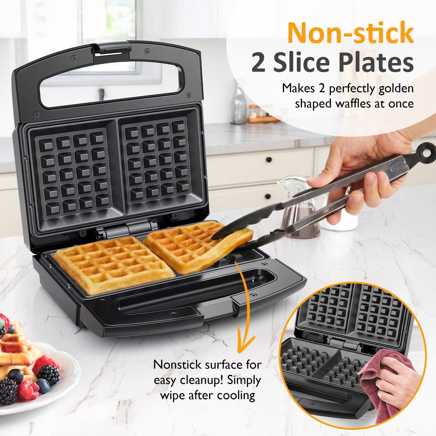 Heynemo Electric Belgian Waffle Maker, 2 Slices Waffle Iron, Nonstick Plates, Indicator Light, Cool Touch Handle, Vertical Storage, Easy to Clean, Silver
