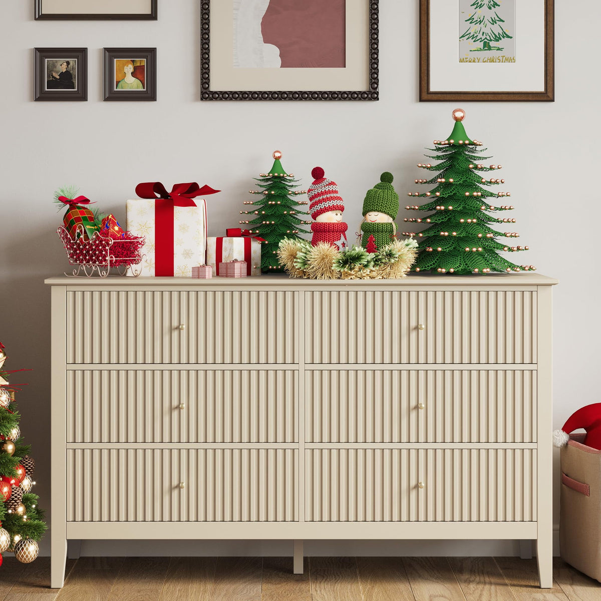 May Color Beige 6 Drawer Dresser Set, Fluted Modern Wood Double Chest, Long Bedroom TV Stand