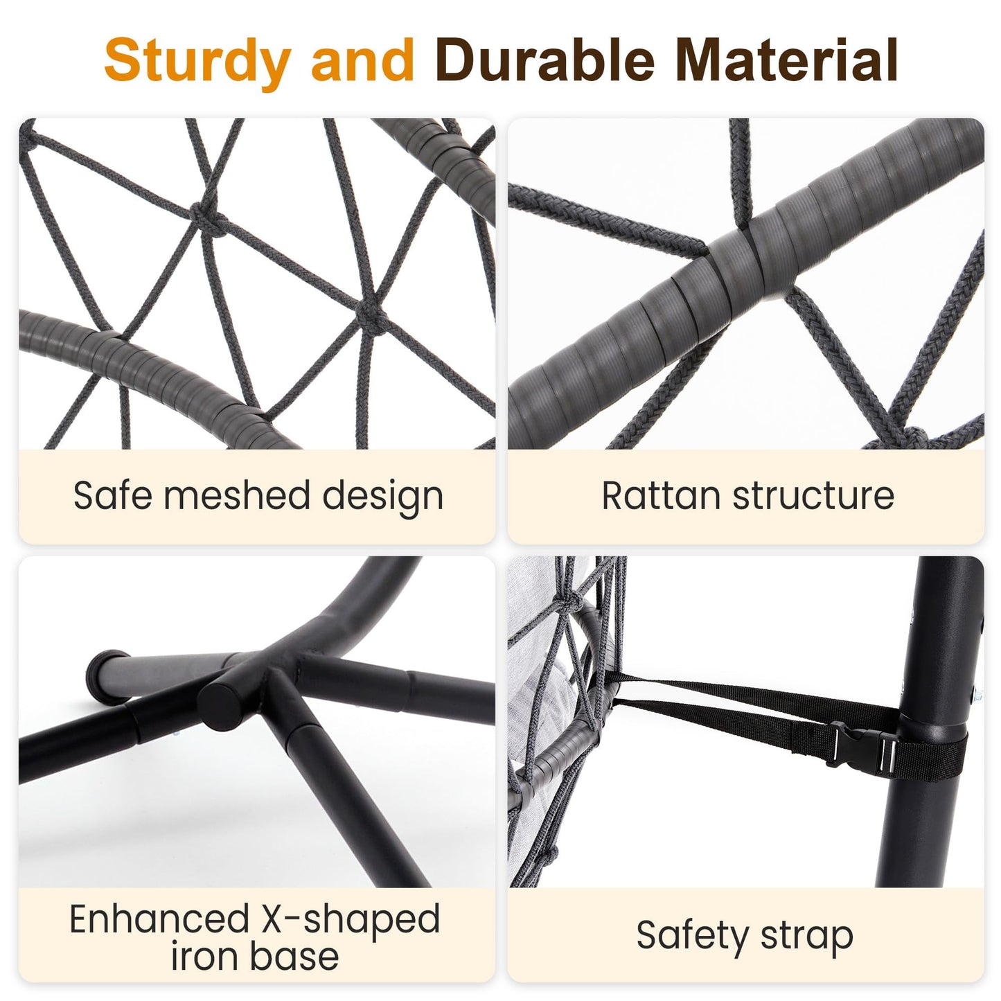 Heynemo Hanging Egg Chair with Stand Boho Style - 350lb Capacity - Black & Gray