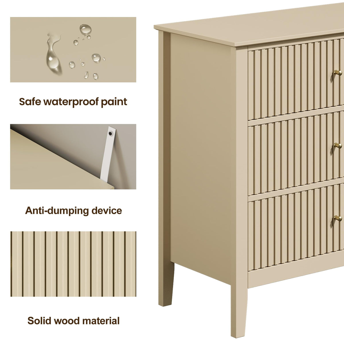 May in Color Beige 6 Drawer Dresser, Fluted Modern Chest of Drawers for Bedroom