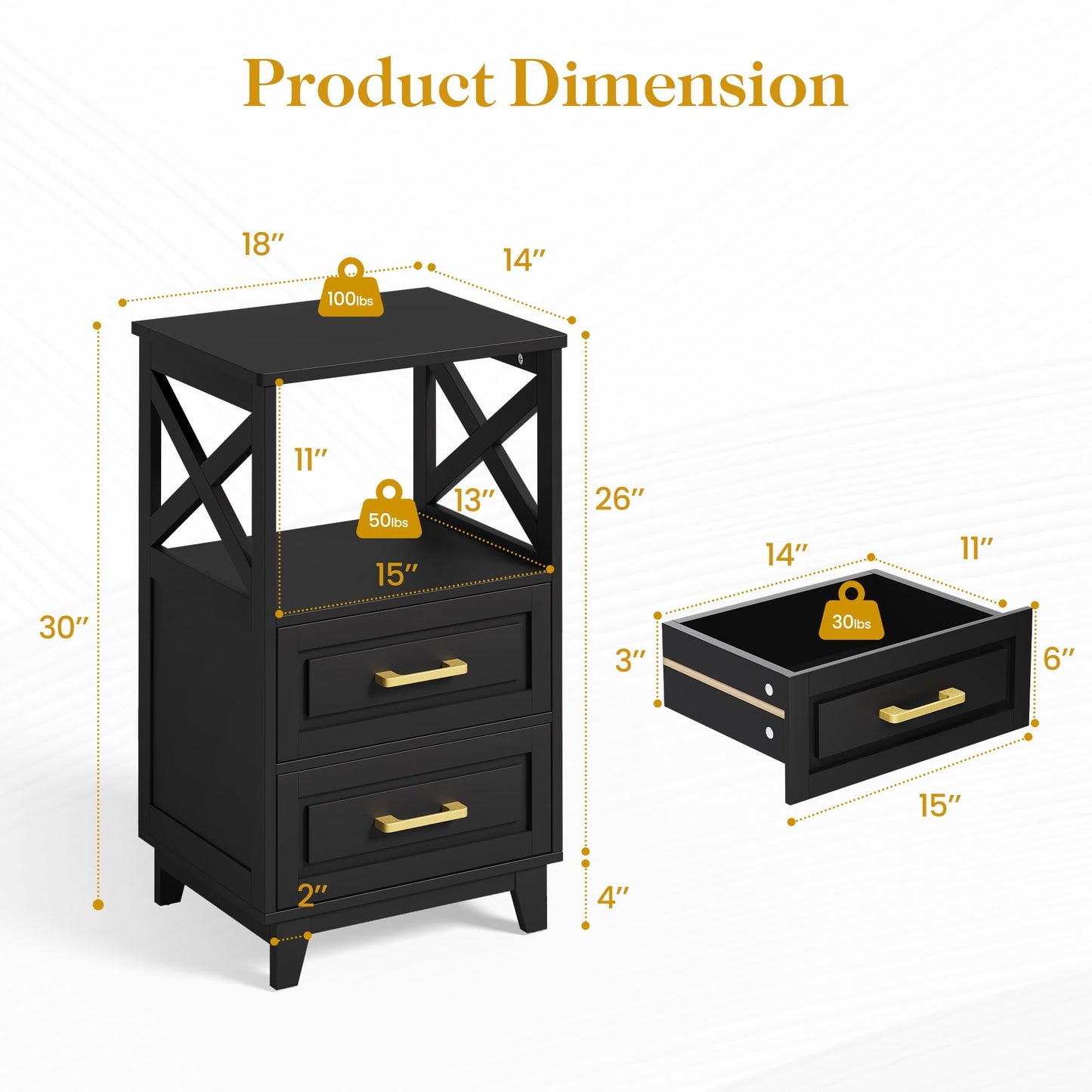 RoyalCraft Tall Nightstand, Side Table with 2 Drawers and Open Shelf on Top, Bedside Table with Solid Feet, Modern Night Stand End Table for Bedroom, Living Room, Home Office, Black