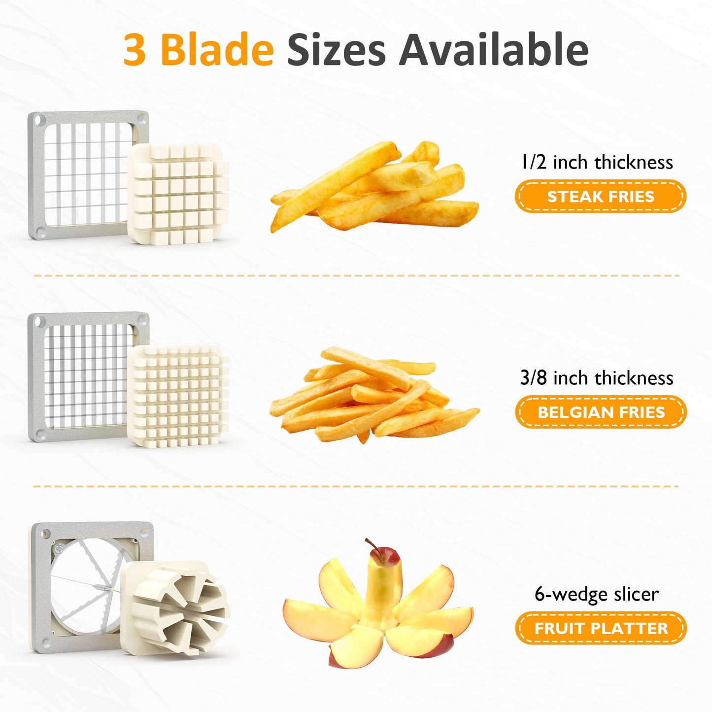 Heynemo Professional Potato Slicer & French Fry Cutter, 3 Replaceable Blades, 6-Wedge Slicer, Heavy Duty Stainless Steel