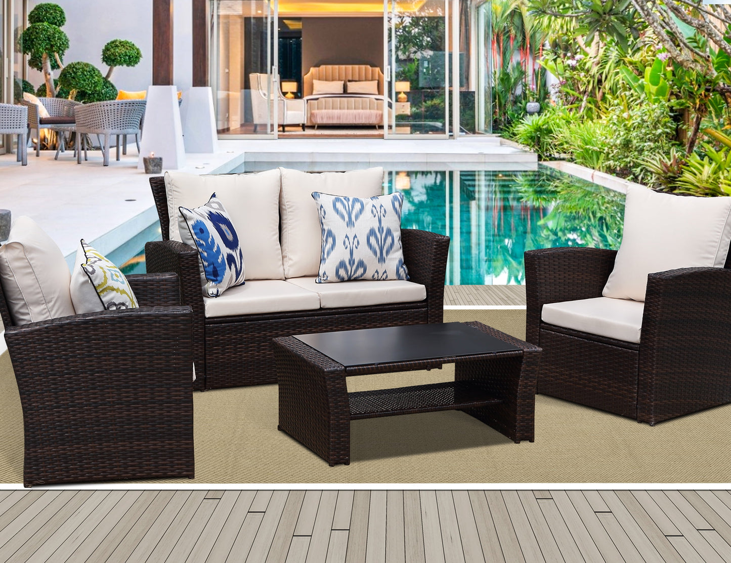 Cozyhom 4 Piece Rattan Outdoor Patio Sofa Furniture Sets, Wicker Conversation Couch Sets Rattan Sofa Chair With Cushion For Backyard Lawn Garden, Brown