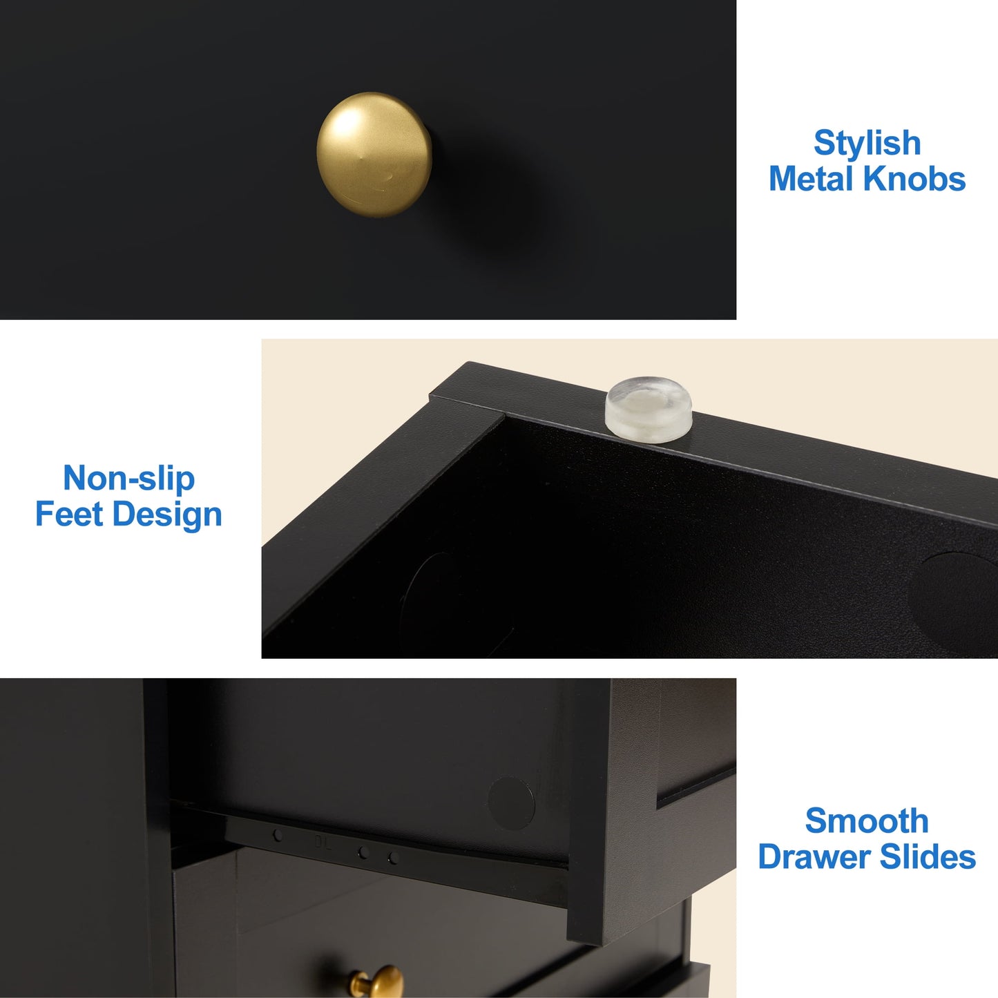 May in Color Black Nightstands Set of 2, Modern 3-Drawer Bedside Tables with Gold Knobs, Wooden End Tables for Bedroom, Living Room, Hallway, or Closet
