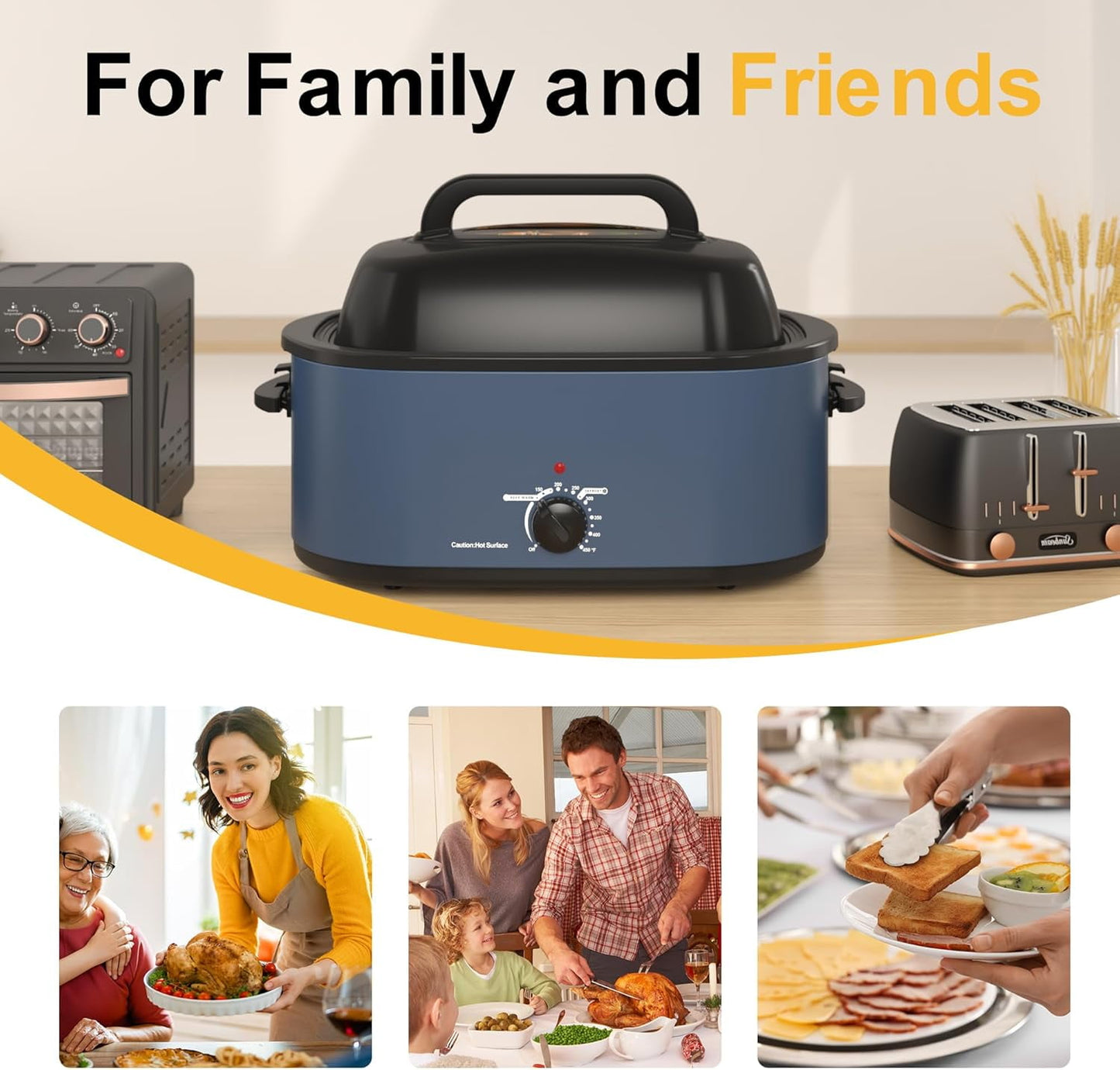 Superjoe 26 Quart Electric Roaster Oven with Self-Basting Lid, Turkey Roaster Oven Buffet with Removable Pan, Cool-Touch Handles, Blue