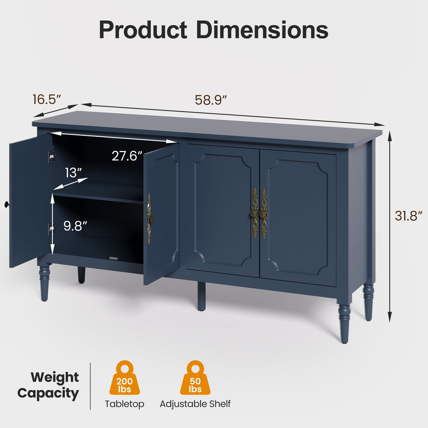 Superjoe Console Cabinet, 58'' Mid Century Modern Pantry Cabinet, Wood Buffet Cabinet, Media Cabinet with 4 Doors, Accent Cabinet for Entryway, Living Room, Bedroom, Dining Room (Blue)