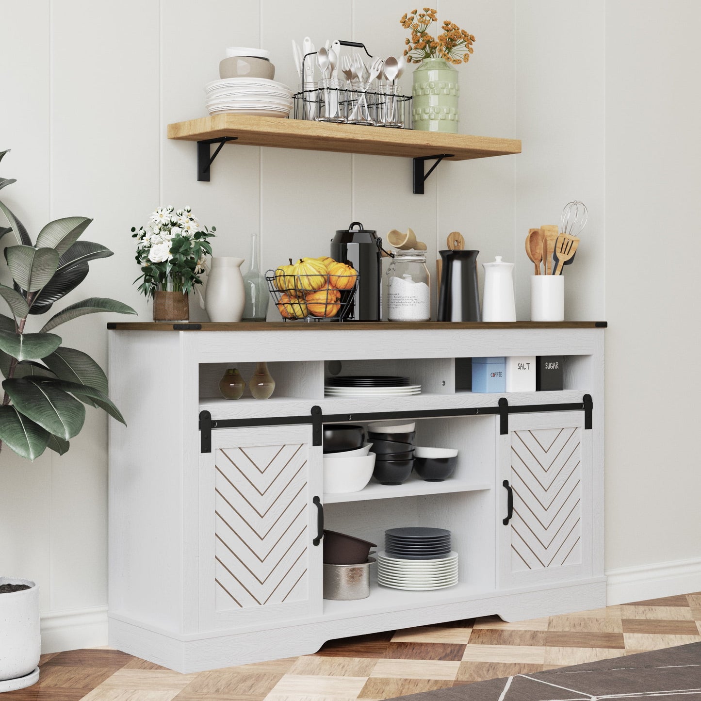 Heynemo TV Stand for TVs up to 70", 34" Tall Entertainment Center w/Sliding Doors, Modern Wood Media Console Storage Cabinet for Living Room Bedroom, Wood-Tone and White