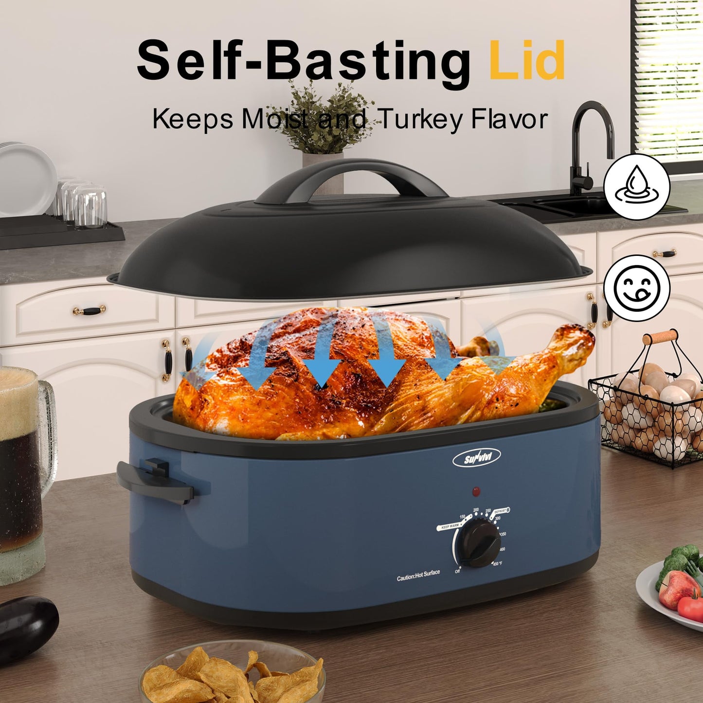 Sunvivi Roaster Oven, Electric Roaster Oven with Self-Basting Lid, 24lb 20-Quart Turkey Roaster with Unique Defrost/Warm Function, Large Roaster with Removable Pan & Rack, Stainless Steel, Blue