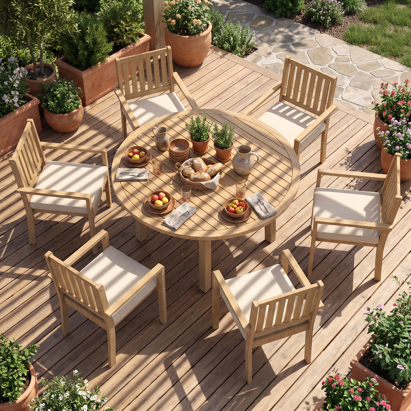 7-Piece Acacia Patio Table and Chairs Set for All-Weather, Outdoor Patio Dining Set with Umbrella Hole and Removable Cushion for 6, Durable Patio Table and Chairs Set for Backyard£¬Heynemo