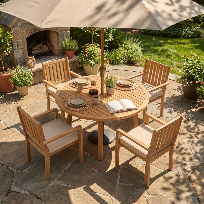 5-Piece Acacia Patio Table and Chairs Set for All-Weather, Outdoor Patio Dining Set with Umbrella Hole and Removable Cushion for 4, Durable Patio Table and Chairs Set for Garden£¬Heynemo