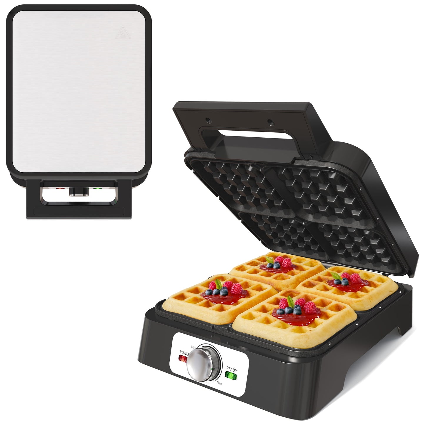 Heynemo Electric Waffle Maker 4 Slices, Stainless Steel Waffle Iron with Adjustable Heat, Nonstick Coating & Cool Touch Handle-1