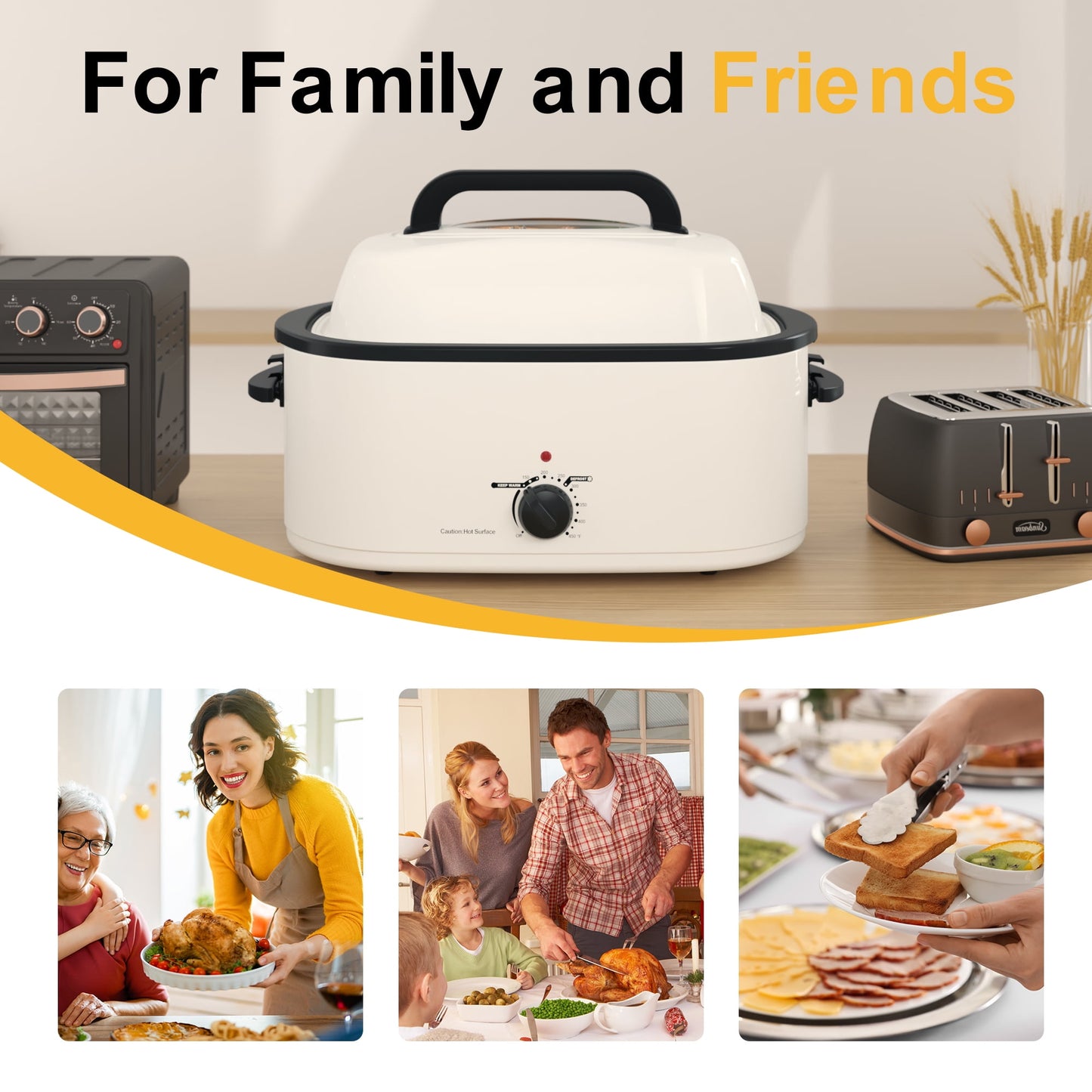 Sunvivi 26QT Electric Turkey Roaster Oven with Visible Glass Lid,Removable Pan & Rack, Stainless Steel, White