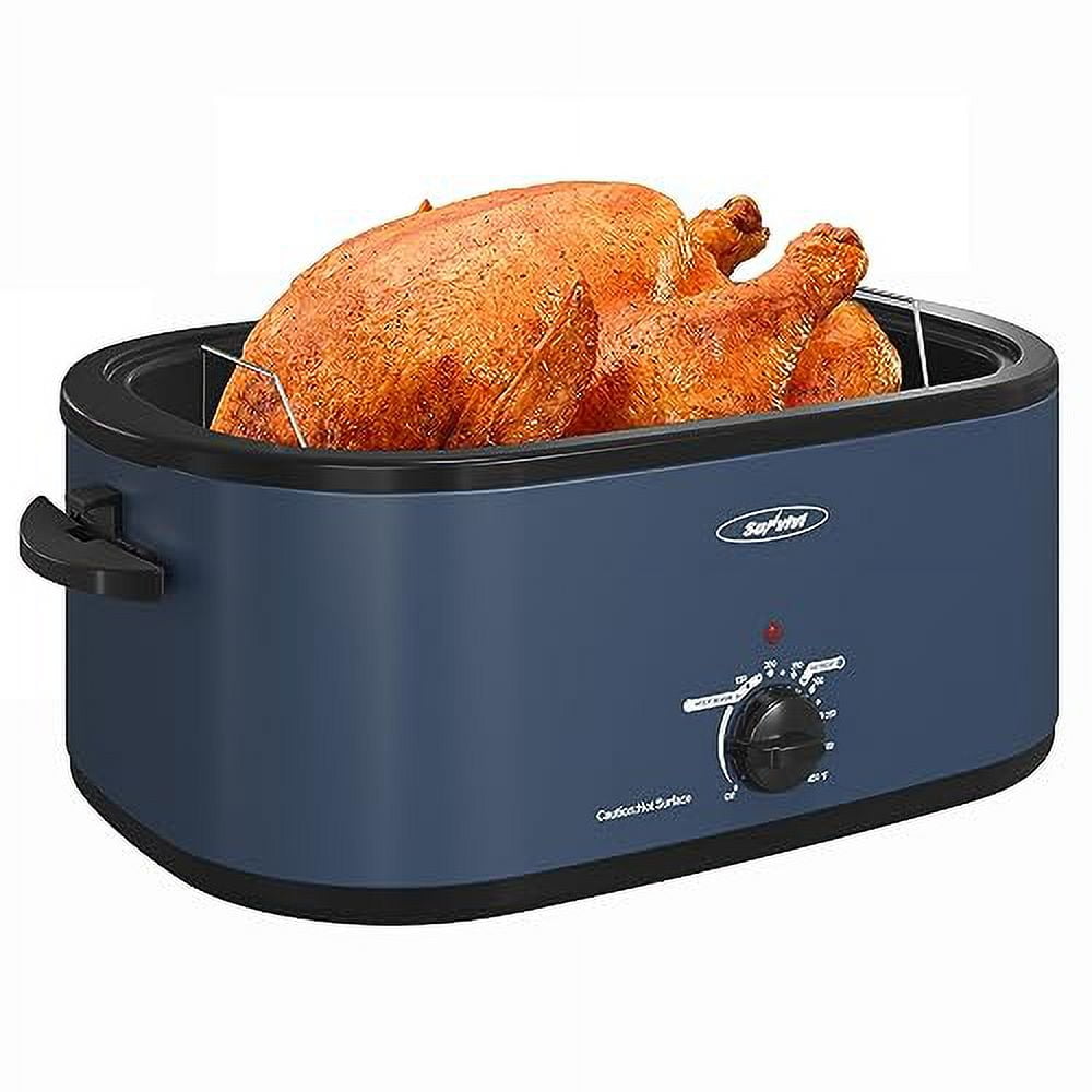 Sunvivi 26 Quart Electric Turkey Roaster Oven with Visible Glass Lid,Removable Pan & Rack, Stainless Steel,Blue