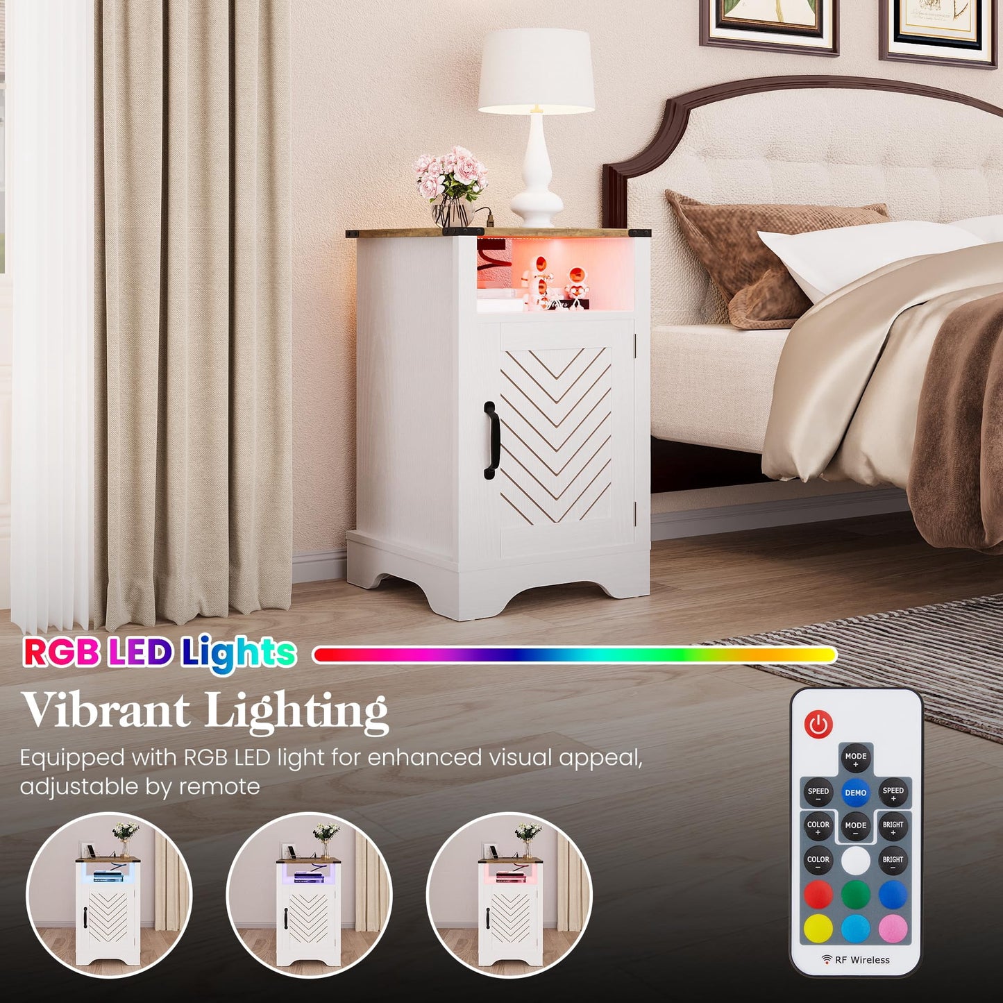 Superjoe LED Nightstand Set of 2 with Charging Station, Bedside Table with Storage Cabinet and Shelf, Rustic End Table, Farmhouse Wooden Side Table, for Bedroom, Living Room, White and Rustic Oak
