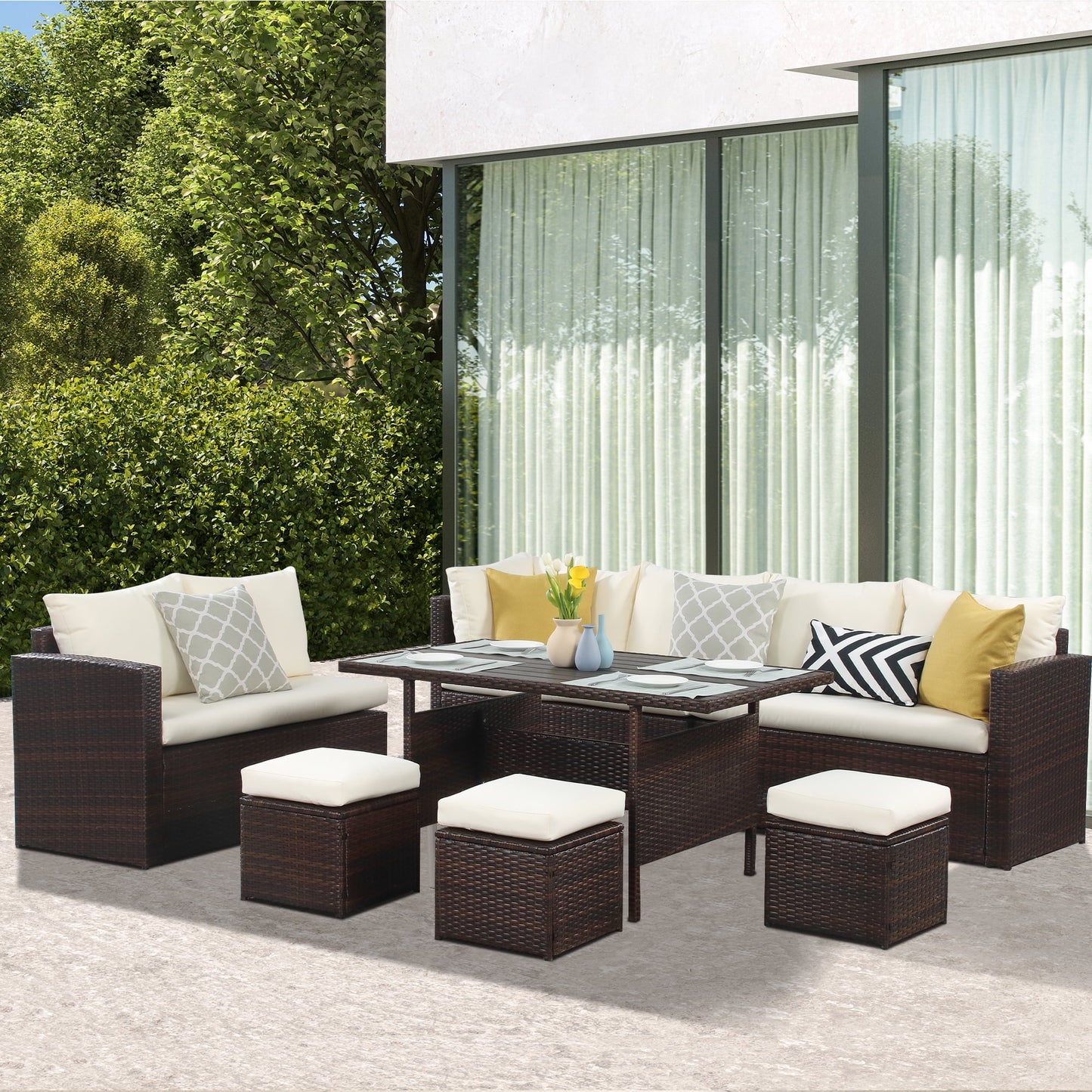 Heynemo 7 Piece Outdoor Patio Furniture Set, Dining Sectional Sofa with Dining Table and Chair, All Weather Wicker Conversation Set with Ottoman, Beige