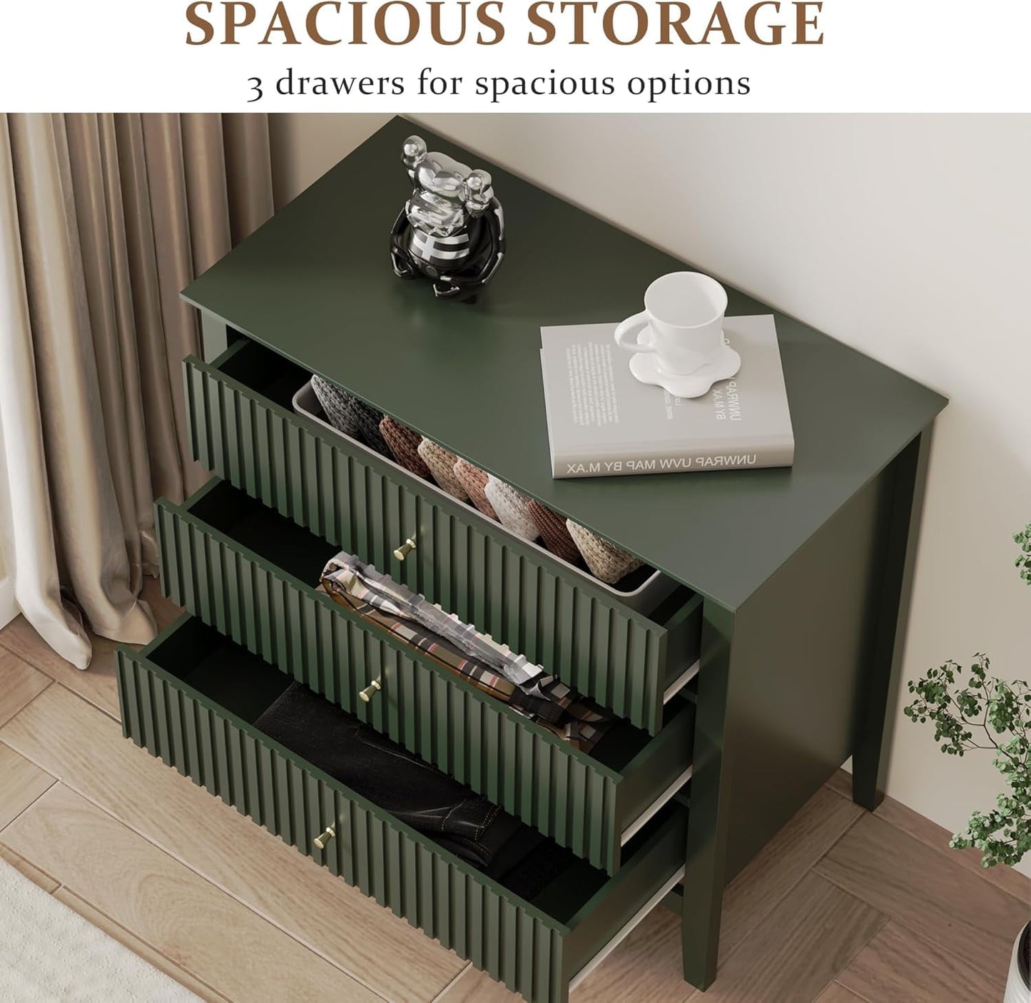 32" Green Fluted Dresser Nightstand, Wide Modern 3 Drawer Wooden Chest, Large Painted Storage Cabinet, for Bedroom, Closet, Hallway, Entryway