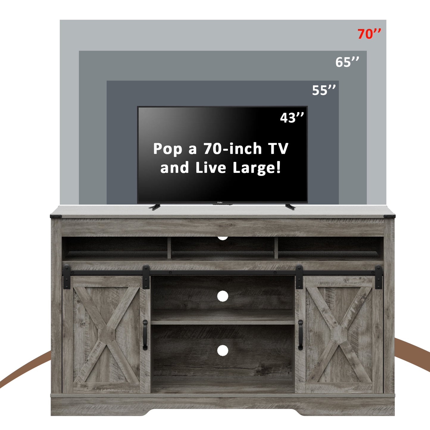 Heynemo Farmhouse TV Stand for TVs up to 70", Modern Entertainment Center with Sliding Barn Doors, Media Console Storage Cabinet for Living Room Bedroom, Light Grey