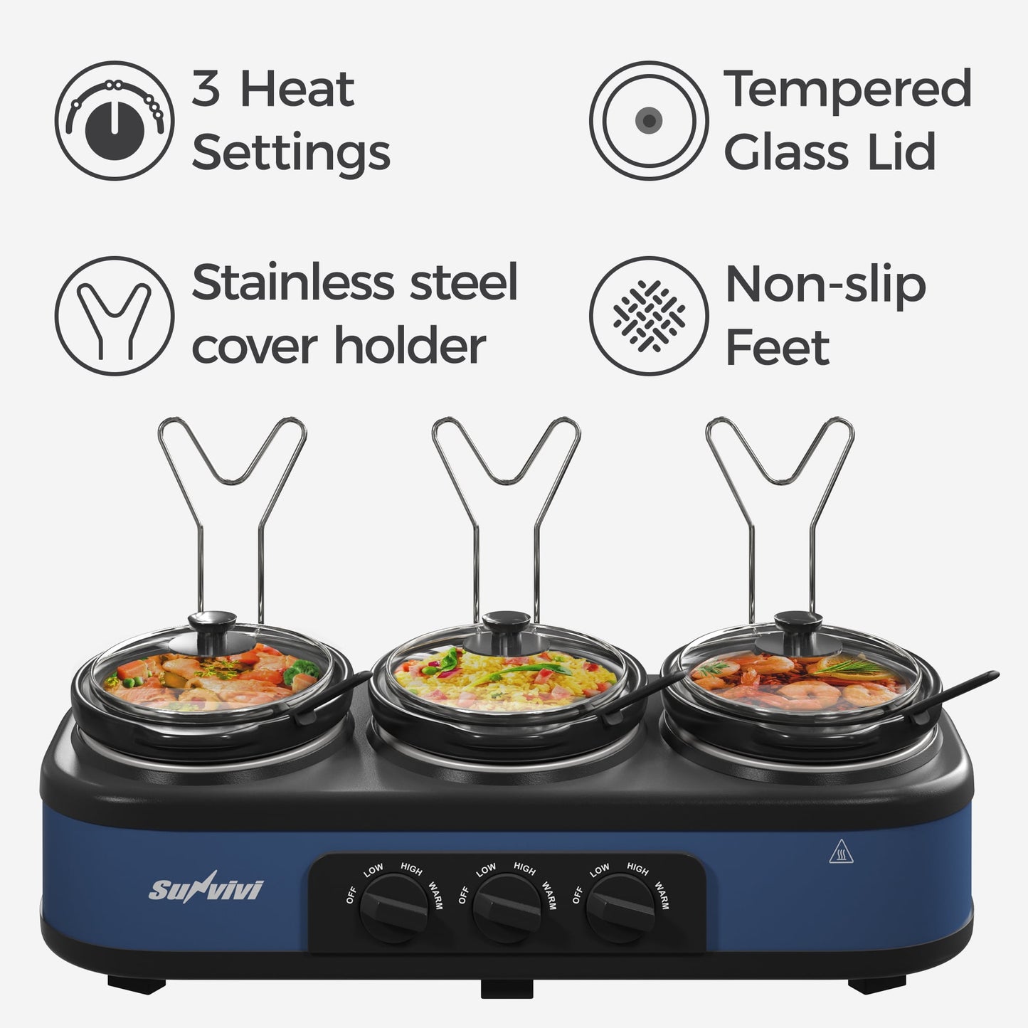 Sunvivi 3-in-1 Crock Pot Slow Cooker, 4.5QT Buffet Server and Food Warmer with 3 Removable Ceramic Pots, Crockpot with 3 Spoons and Lid Rests for Parties, Picnics, Blue