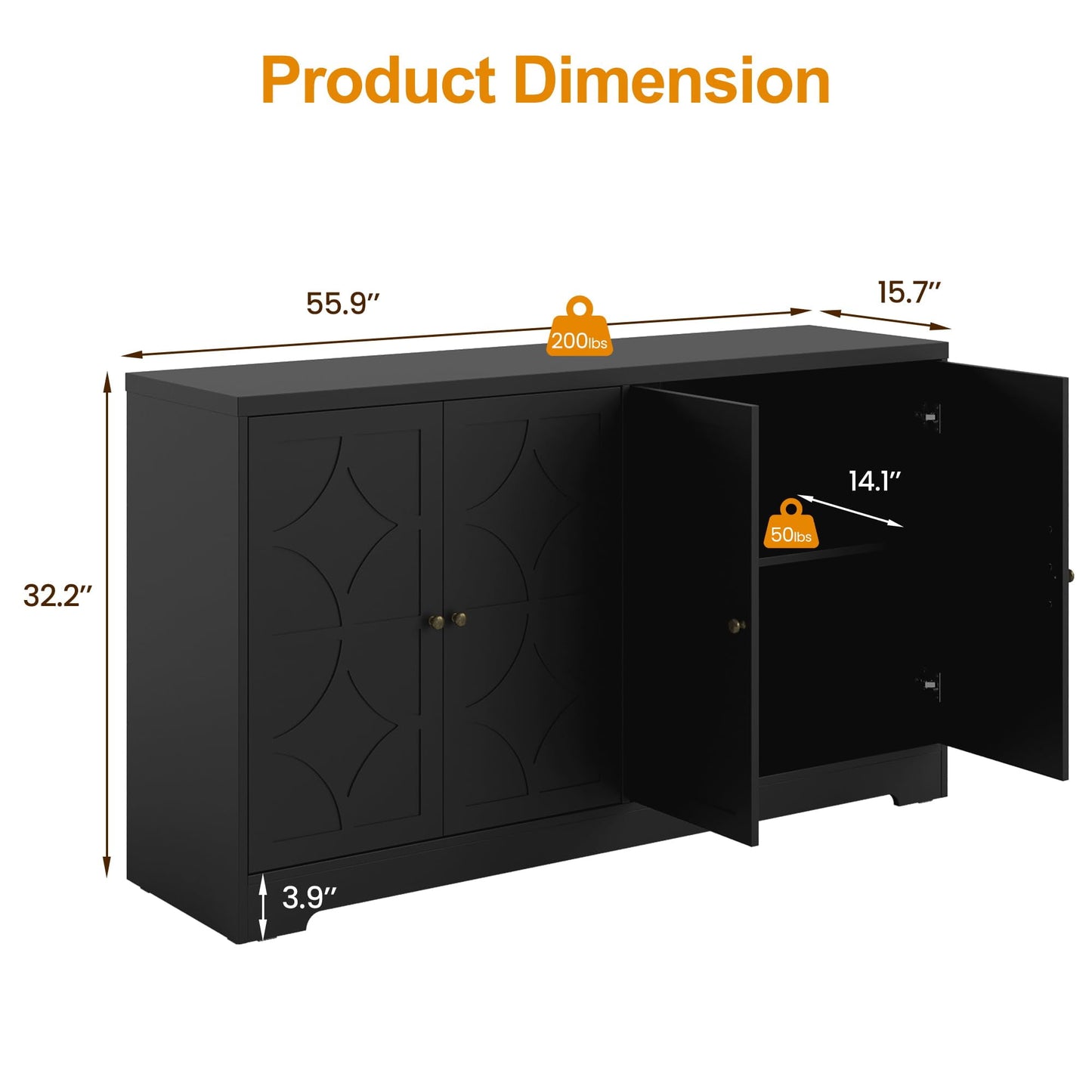 May in Color Sideboard Buffet with Storage Cabinet, 56" Modern Sideboard for Entryway, Dining Room, Living Room, Black