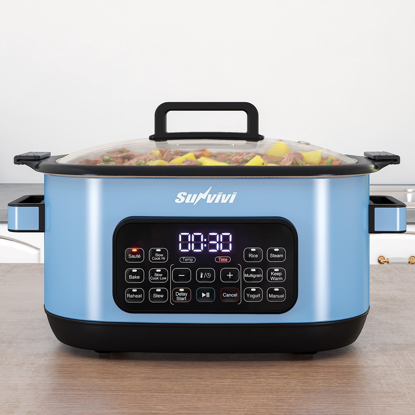 Heynemo 6.5QT Digital Multi Cooker, 12-in-1 Slow Cooker & Roaster with Timer, Temp Control, Delay Start, Nonstick Pot, Blue