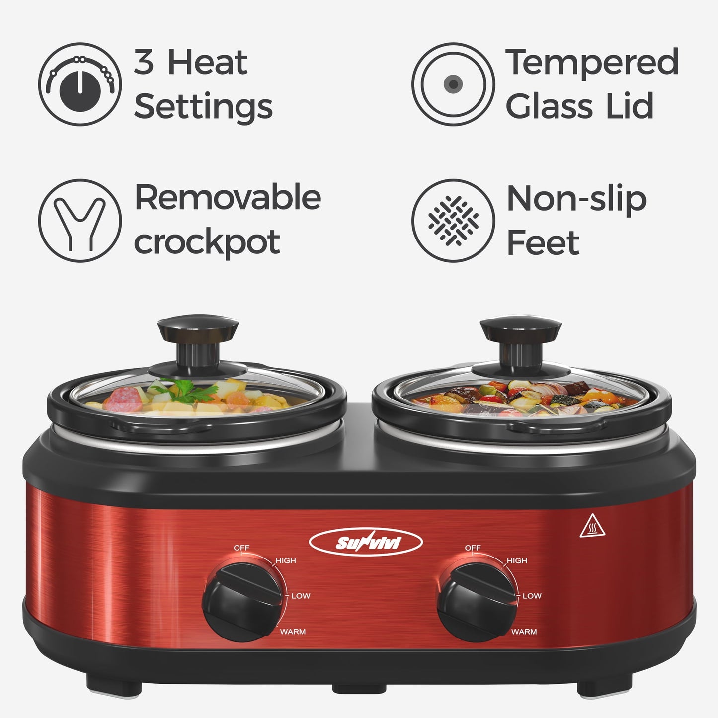 SUNVIVI 24QT Roast Turkey stove with 3-burner slow cooker and 2-burner slow cooker Kitchen set ,Stainless Steel,Red