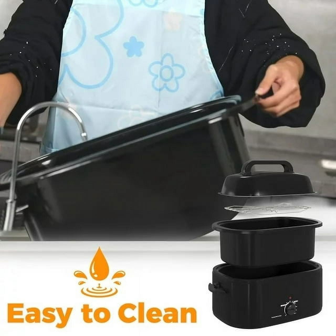 26 Quart Electric Roaster Oven Stainless Steel Turkey Roaster Oven, Self-Basting Lid Removable Insert Pot, Black