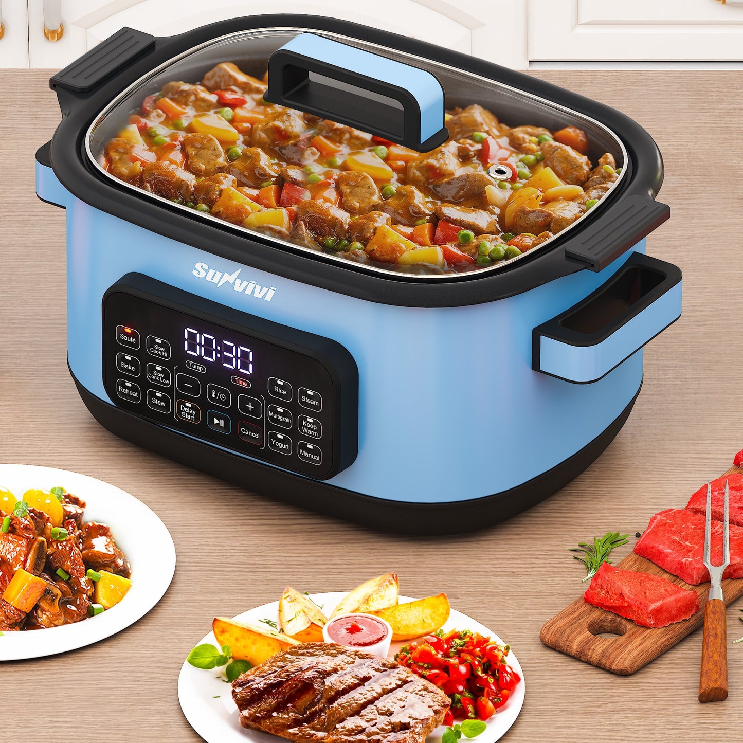 Heynemo 6.5QT Digital Multi Cooker, 12-in-1 Slow Cooker & Roaster with Timer, Temp Control, Delay Start, Nonstick Pot, Blue