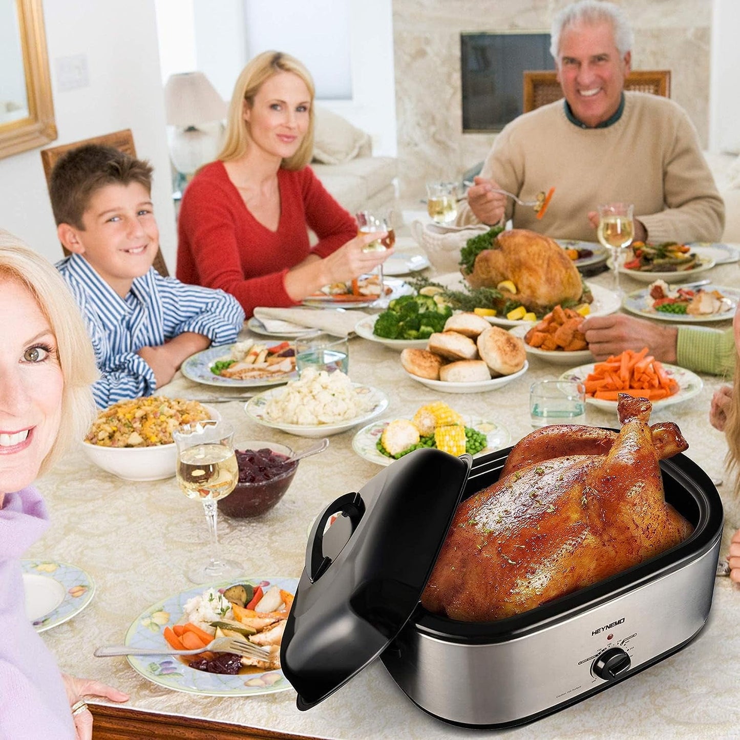 CozyHom 18 Quart Electric Roaster Oven Stainless Steel Roaster Oven for Turkey With Self-Basting Lid Removable Insert Pot, Silver