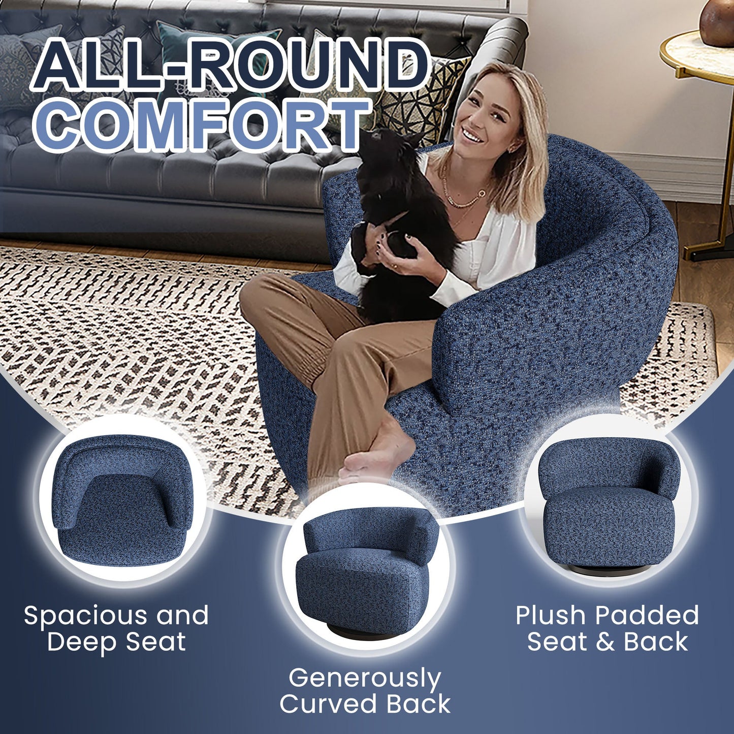 Swivel Accent Chair, Fully Assembled Round Barrel Chairs, Oversized Upholstered Armchair with 360-Degree Base, Modern Club Chair for Living Room, Bedroom, Office