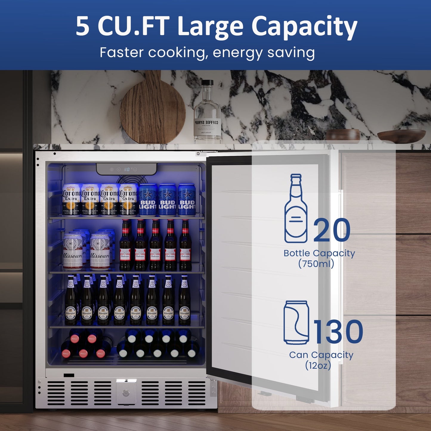 Heynemo 24 Inch Indoor/Outdoor Beverage Refrigerator (32-50¨H), Silver Under Counter Drink Fridge for Patio, Office, Kitchen, Bar, Built-in/Freestanding Can Cooler with Lock & 3 Adjustable Shelves