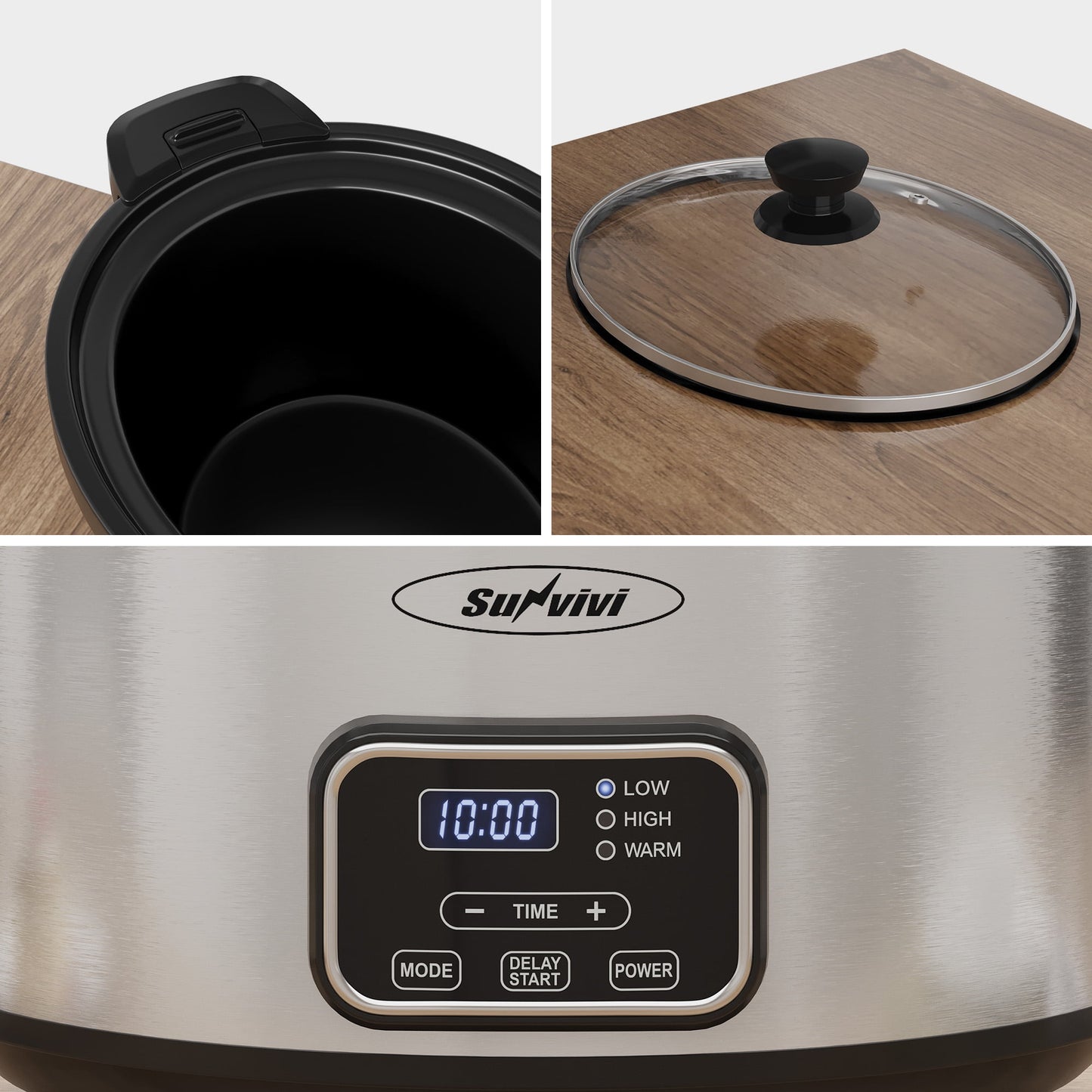 Heynemo 4QT Programmable Slow Cooker with Locking Lid, Removable Ceramic Pot, 3 Heating Settings & Timer, Dishwasher-Safe, Stainless Steel