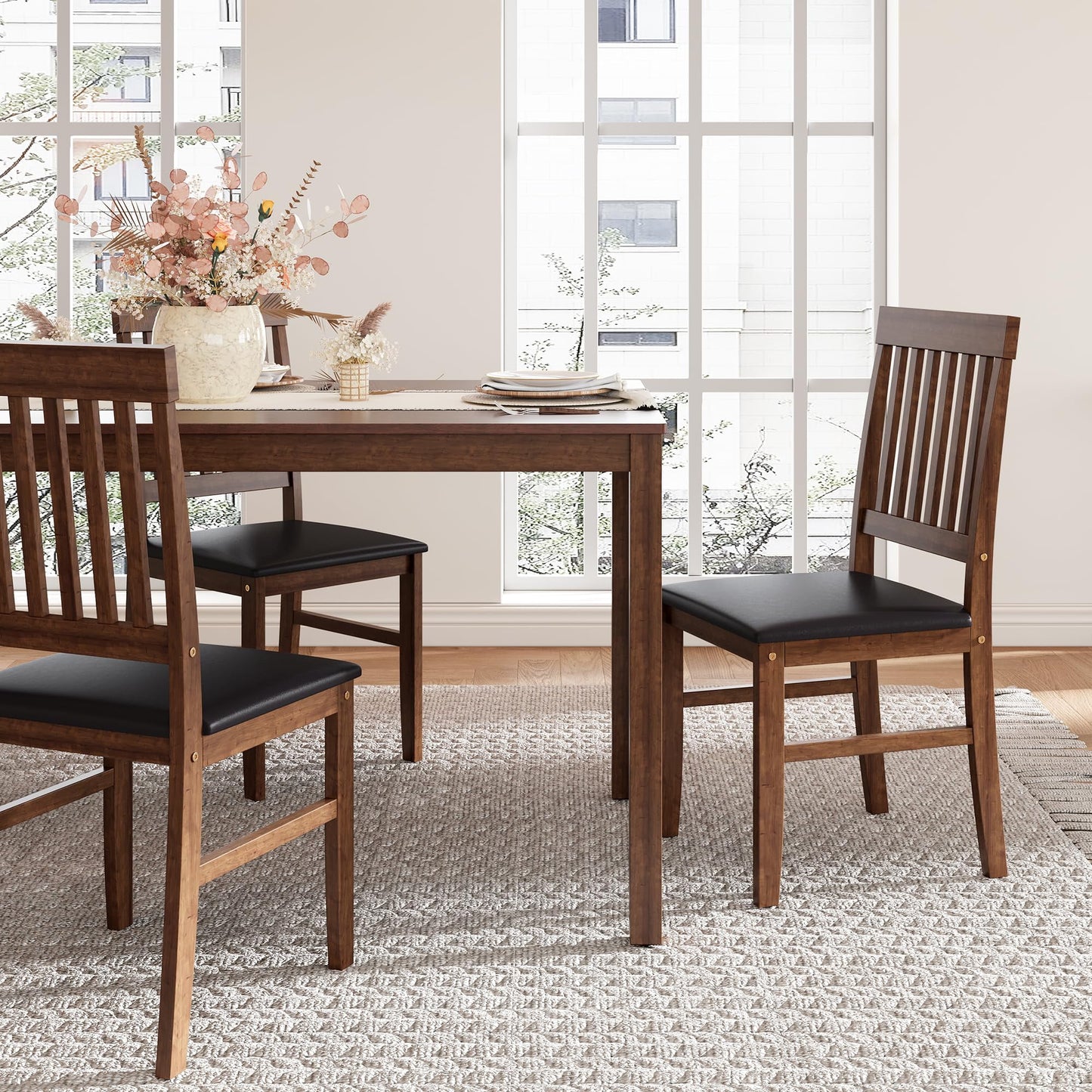 May in Color Wooden Dining Chairs Set of 6, Modern Dining Chairs with Rubberwood Legs, 350LBS Capacity, Leather Side Seat for Kitchen, Dining Room, Living Room, Home Office, Terrace, Courtyard, Brown
