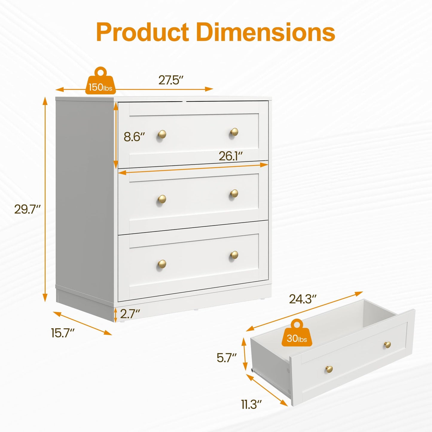 May in Color White 3 Drawer Dresser Set of 2, Modern Chest of Drawers with Gold Dresser Knobs, for Bedroom, Hallway, Closets, Living Room
