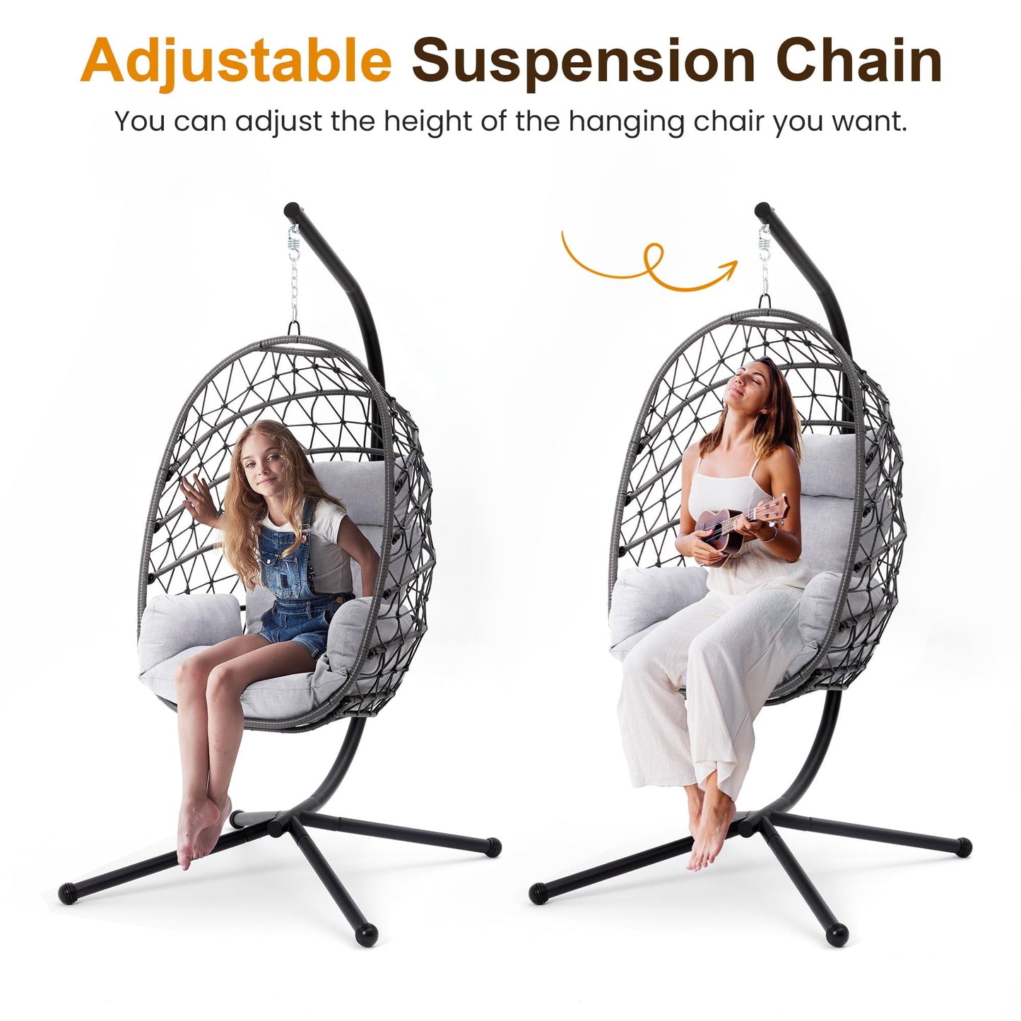 Heynemo Hanging Egg Chair with Stand Boho Style - 350lb Capacity - Black & Gray