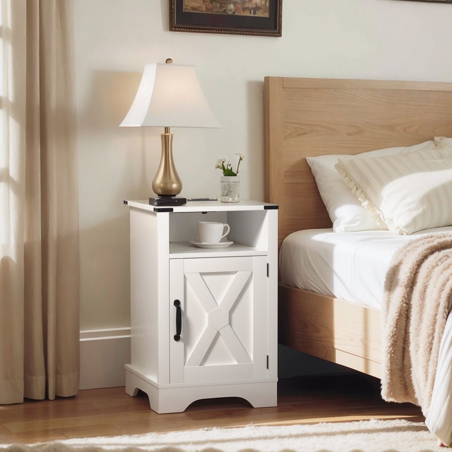 Superjoe Farmhouse Nightstand w/Charging Station, Wooden Rustic Tall Bedside Table, End Table w/Storage Shelf & Shelf for Bedroom, Living Room, White