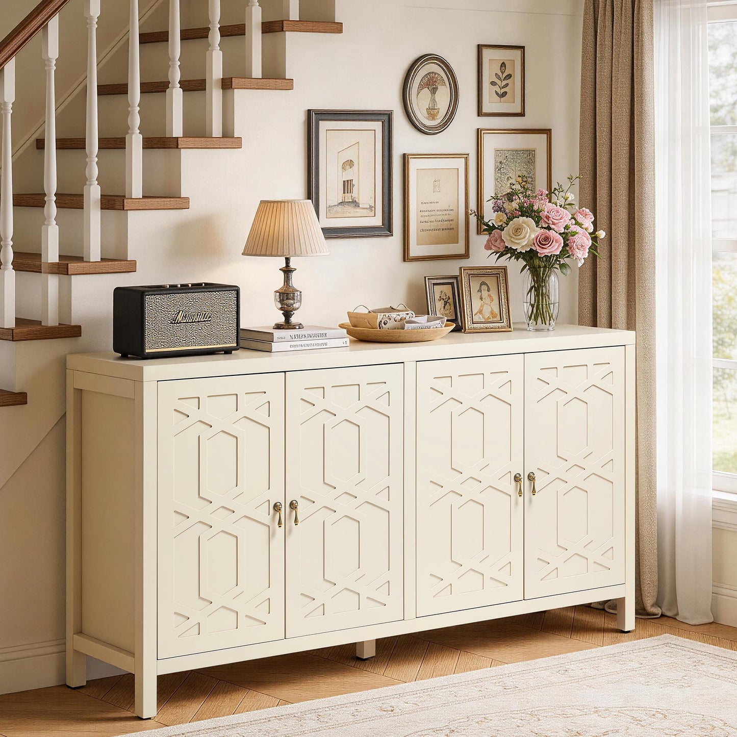 May in Color 60'' Modern Sideboard Cabinet with Adjustable Shelves and 4 Doors, Ideal for Entryway, Living Room, Dining Room, Bedroom, Beige